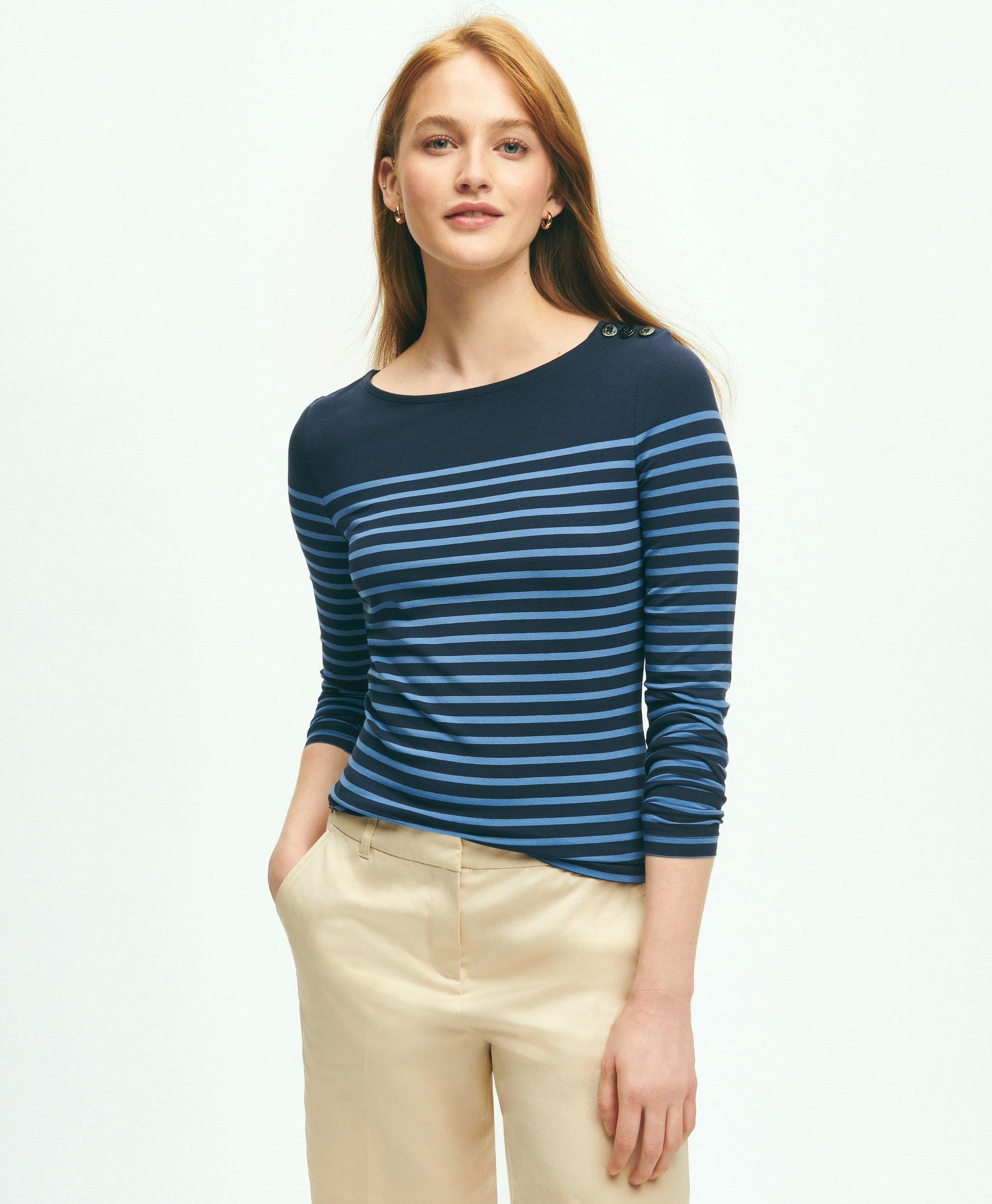 Brooks Brothers Cotton Modal Mariner Stripe Boatneck Top | Navy/blue | Size Small In Navy,blue