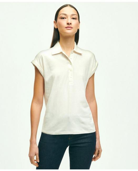 Brooks Brothers Linen-cotton Blend Cap-sleeve Polo Shirt | Ivory | Size Medium