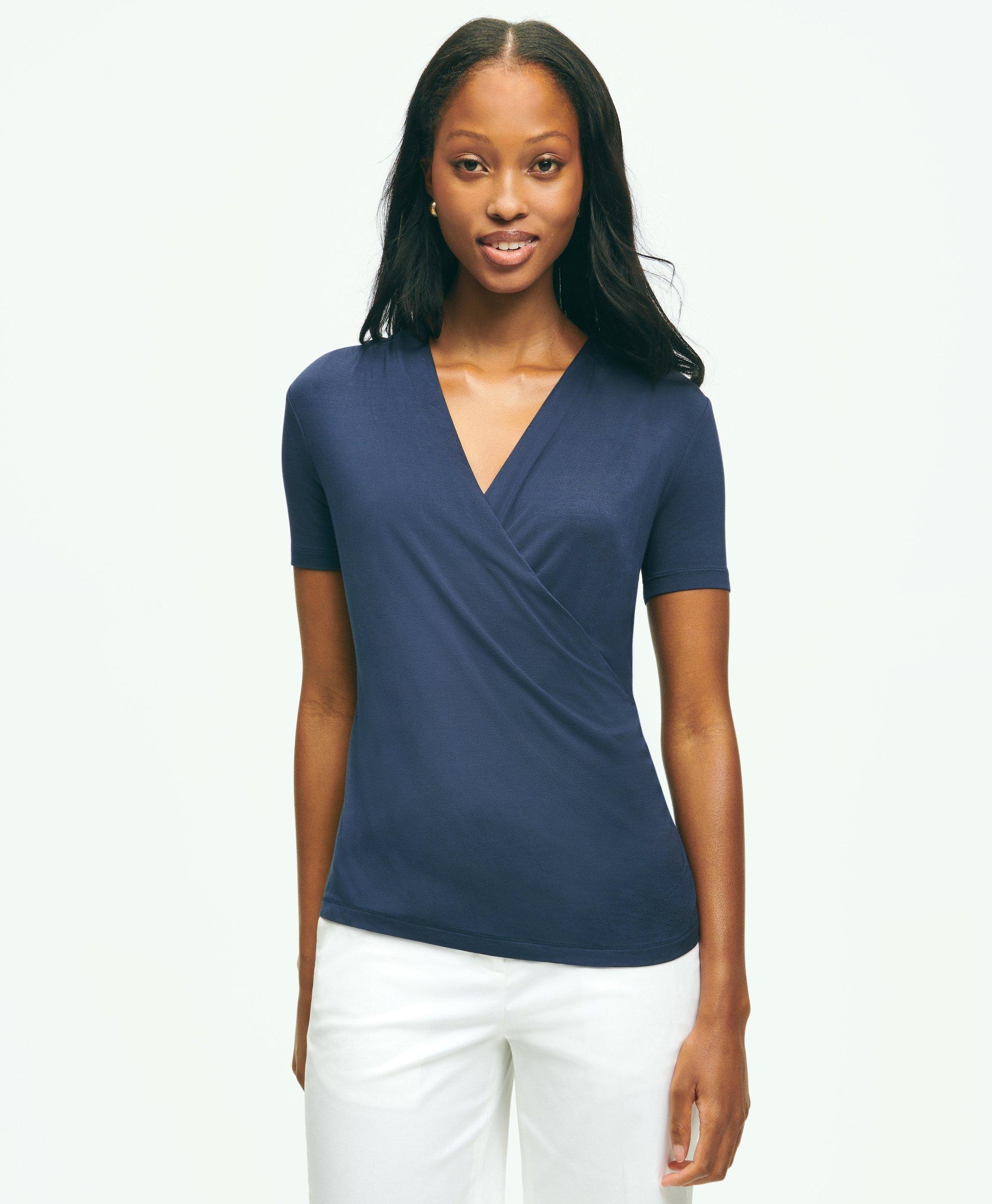 Brooks Brothers Short Sleeve Draped Faux Wrap Top | Navy | Size Large