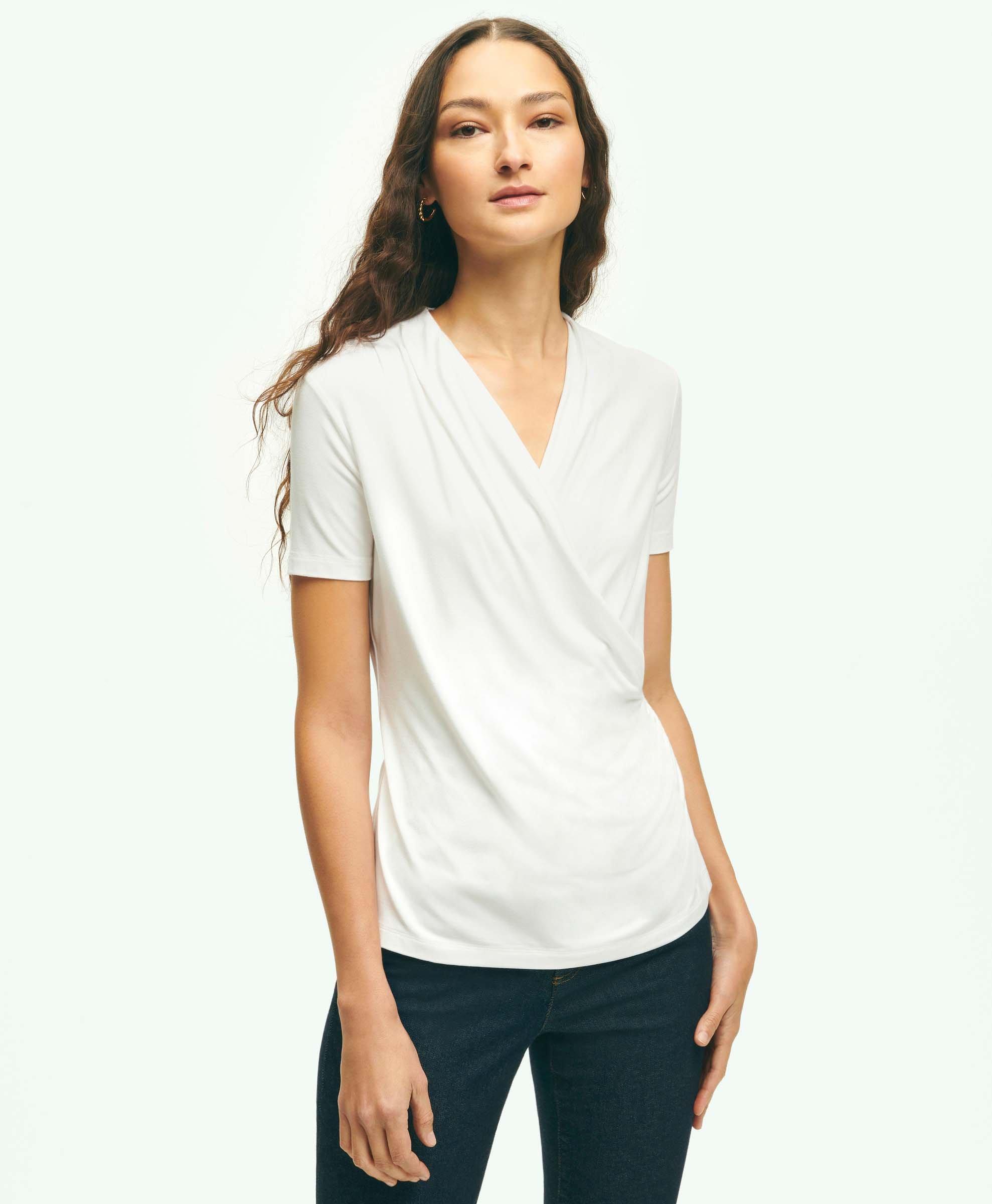 Brooks Brothers Short Sleeve Draped Faux Wrap Top | White | Size Xs