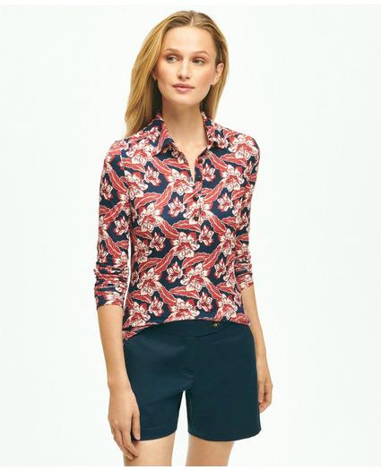 Long-Sleeve Tropical Floral Print Jersey Knit Polo Shirt