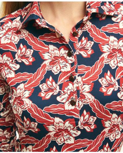 Long-Sleeve Tropical Floral Print Jersey Knit Polo Shirt