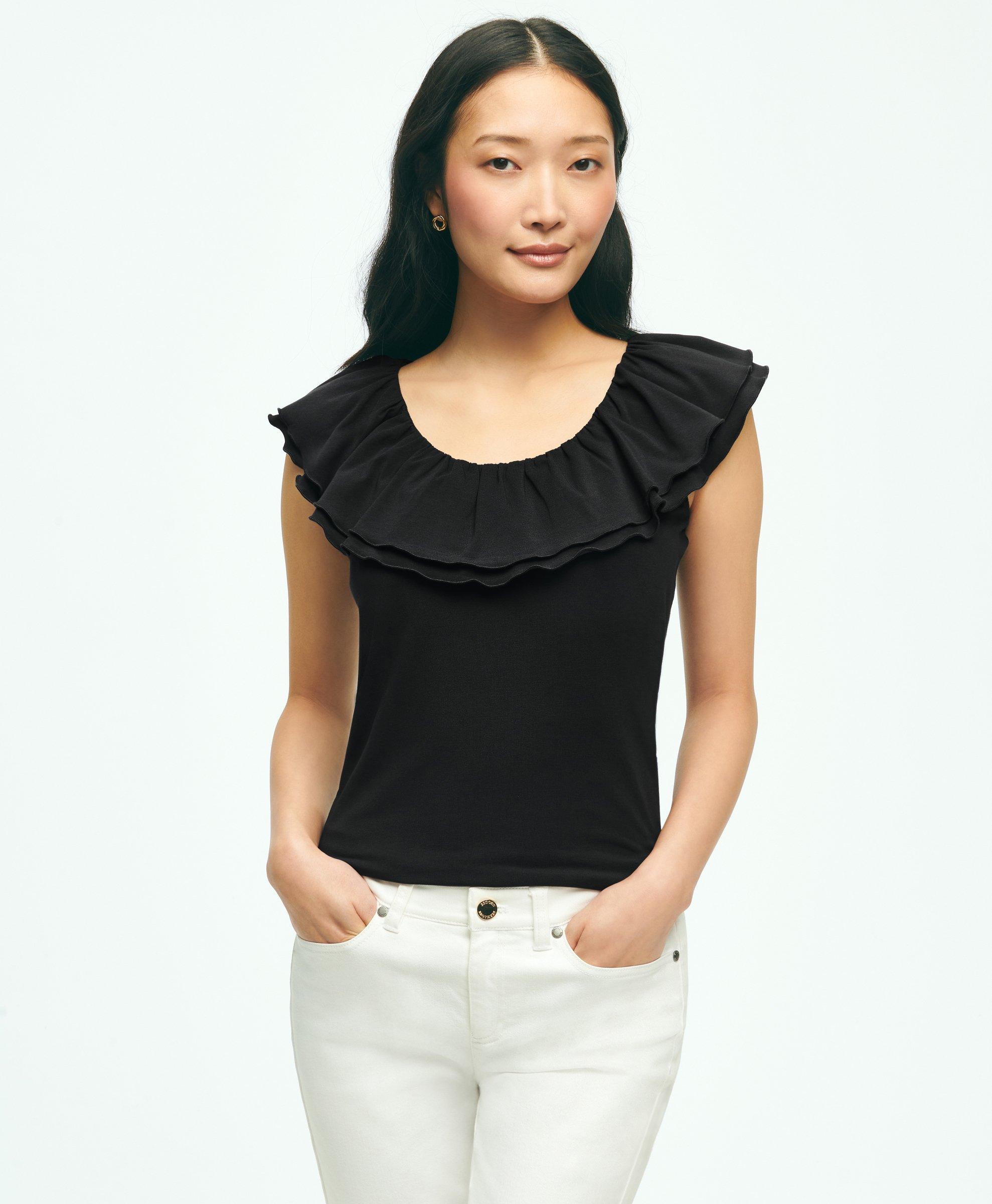 Shop Brooks Brothers Ruffle Collar Sleeveless Top In Cotton Modal Jersey | Black | Size Xl