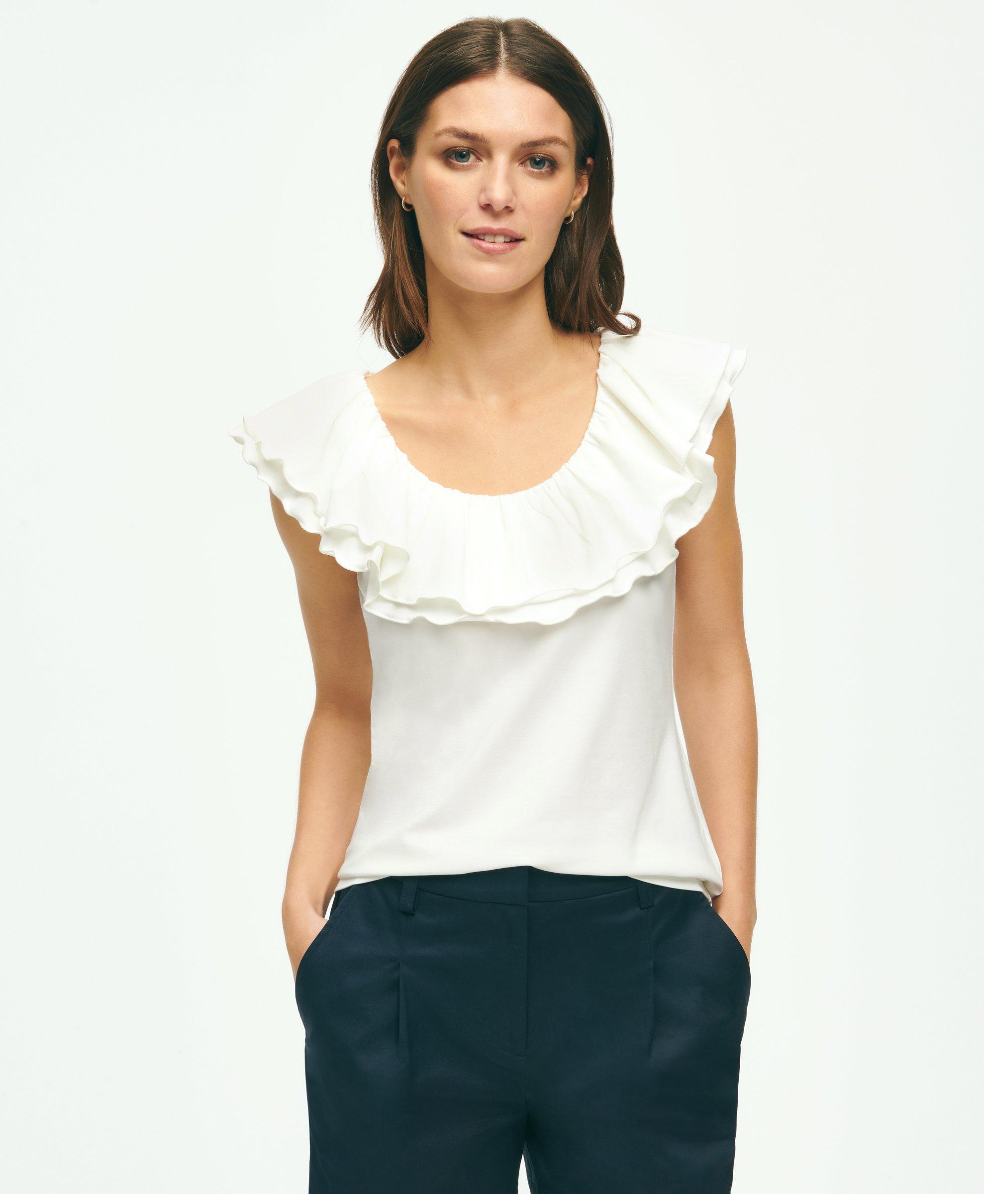 Shop Brooks Brothers Ruffle Collar Sleeveless Top In Cotton Modal Jersey | White | Size Xl