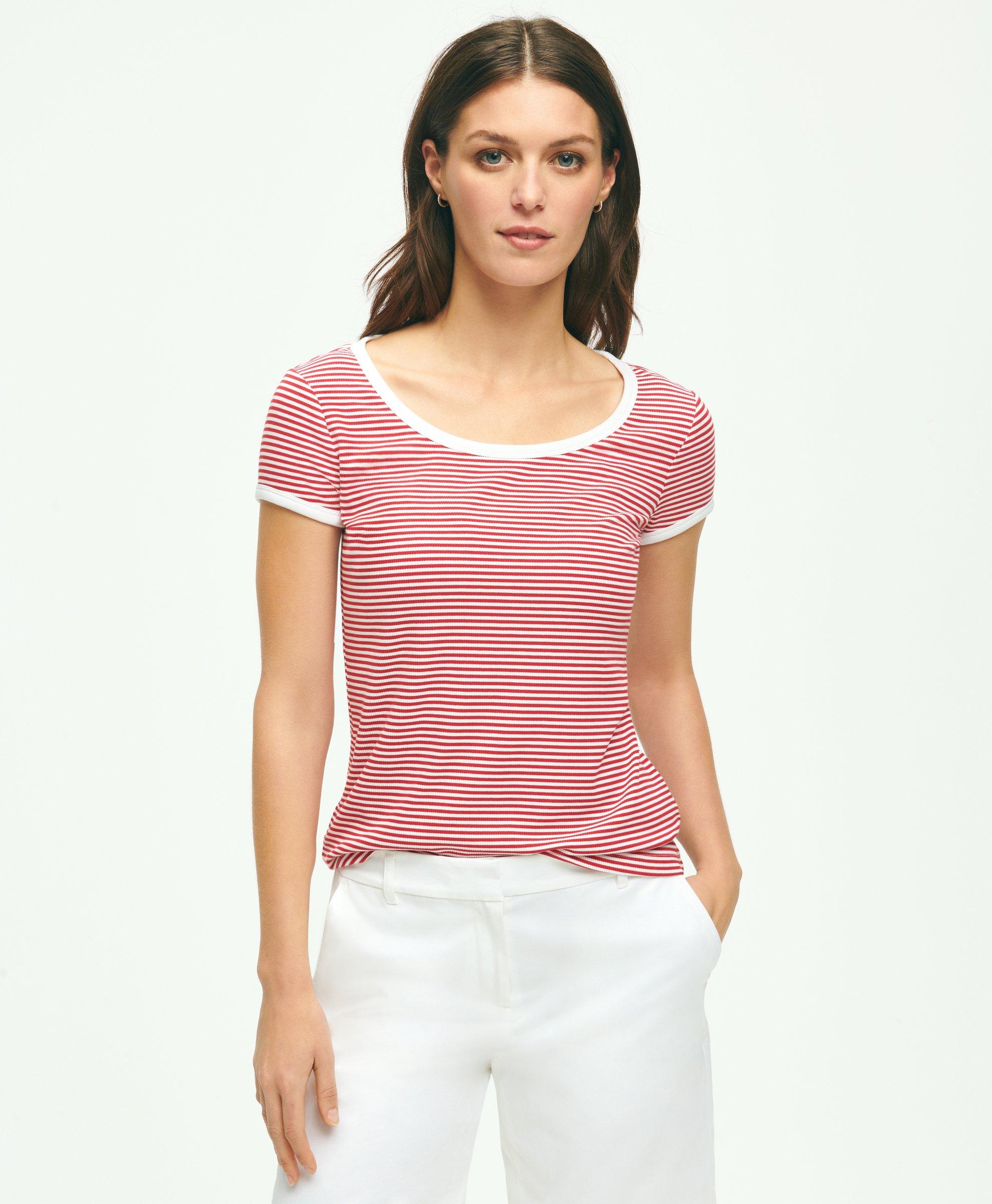 Shop Brooks Brothers Ribbed Striped Short-sleeve Top | Red/white | Size Xs In Red,white