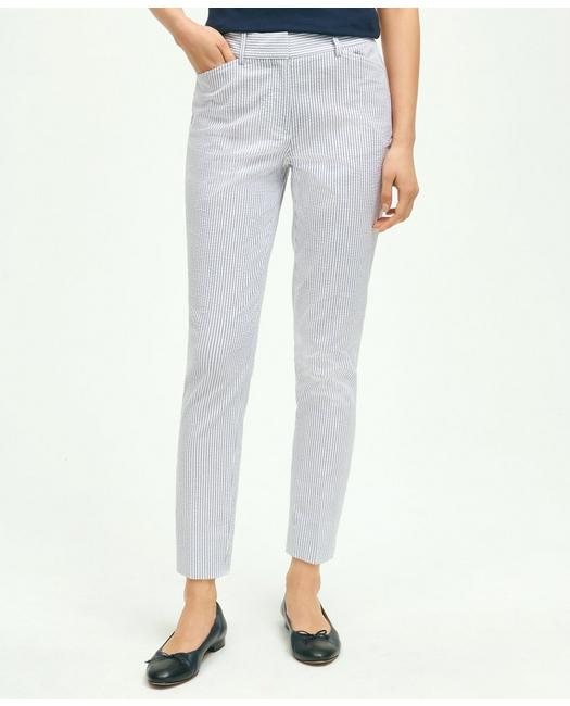 Brooks Brothers Stretch Cotton Seersucker Cropped Pants | Blue/ivory | Size 0 In Blue,ivory