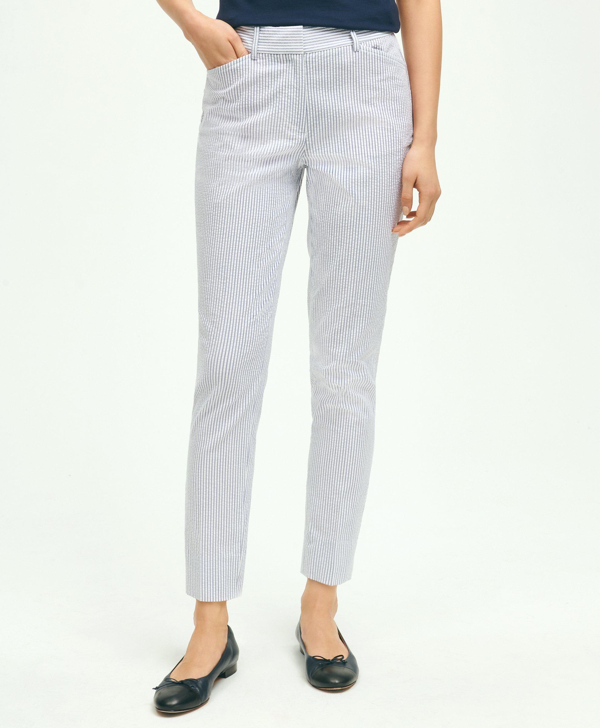 Brooks Brothers Stretch Cotton Seersucker Cropped Pants | Blue/ivory | Size 0 In Blue,ivory