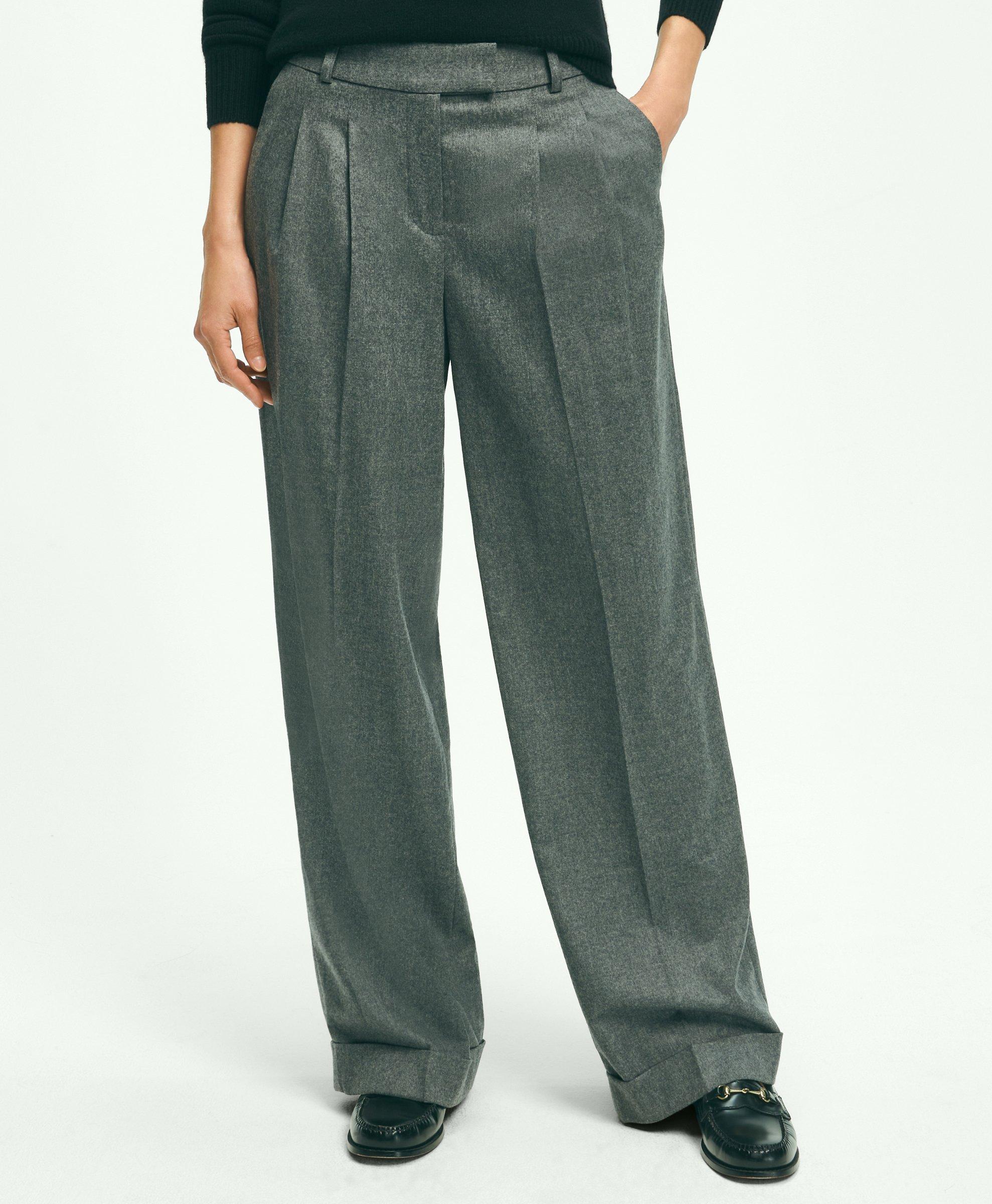 Brooks Brothers Wool Wide-leg Pleated Flannel Trousers | Grey | Size 6