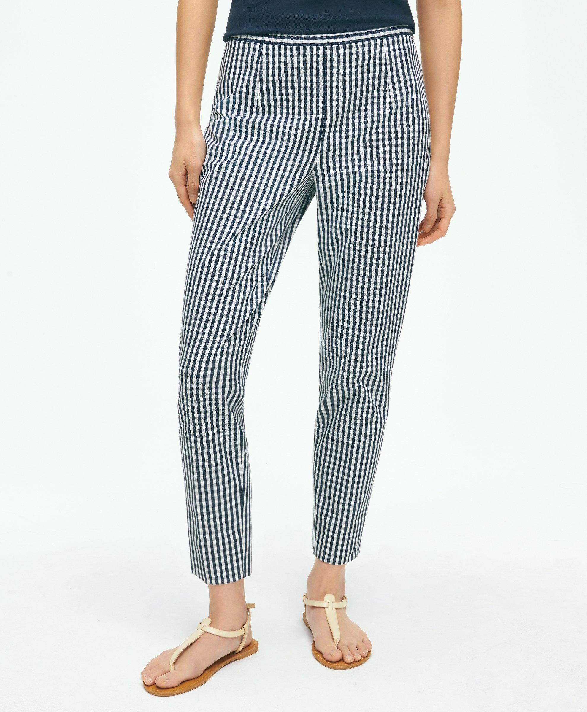 Brooks Brothers Gingham Side-zip Pant In Bi-stretch Cotton Twill In Navy