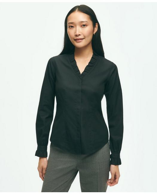 Brooks Brothers Fitted Non-iron Stretch Supima Cotton Ruffle Dress Shirt | Black | Size 4