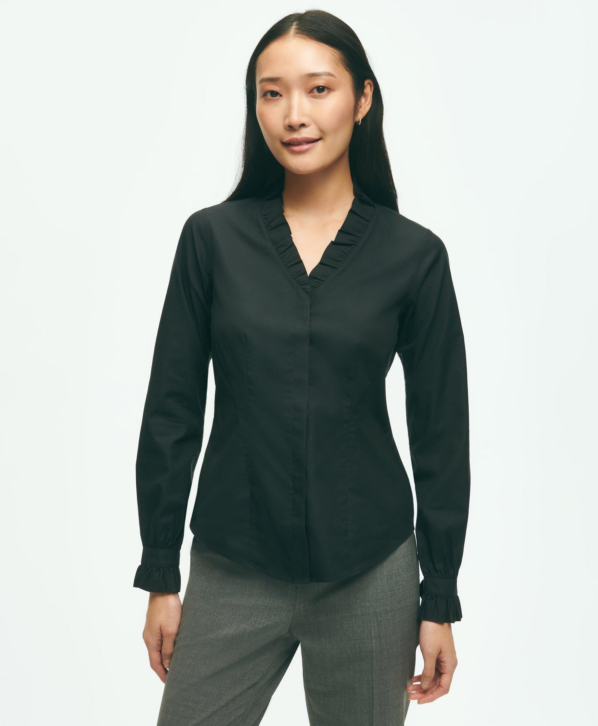 Brooks Brothers Fitted Non-iron Stretch Supima Cotton Ruffle Dress Shirt | Black | Size 8
