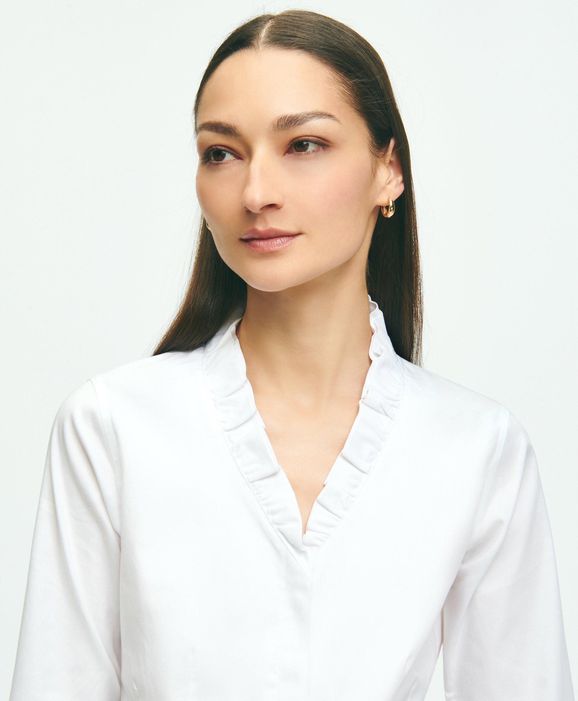 Brooks Brothers Fitted Non-iron Stretch Supima Cotton Ruffle Dress Shirt | White | Size 16