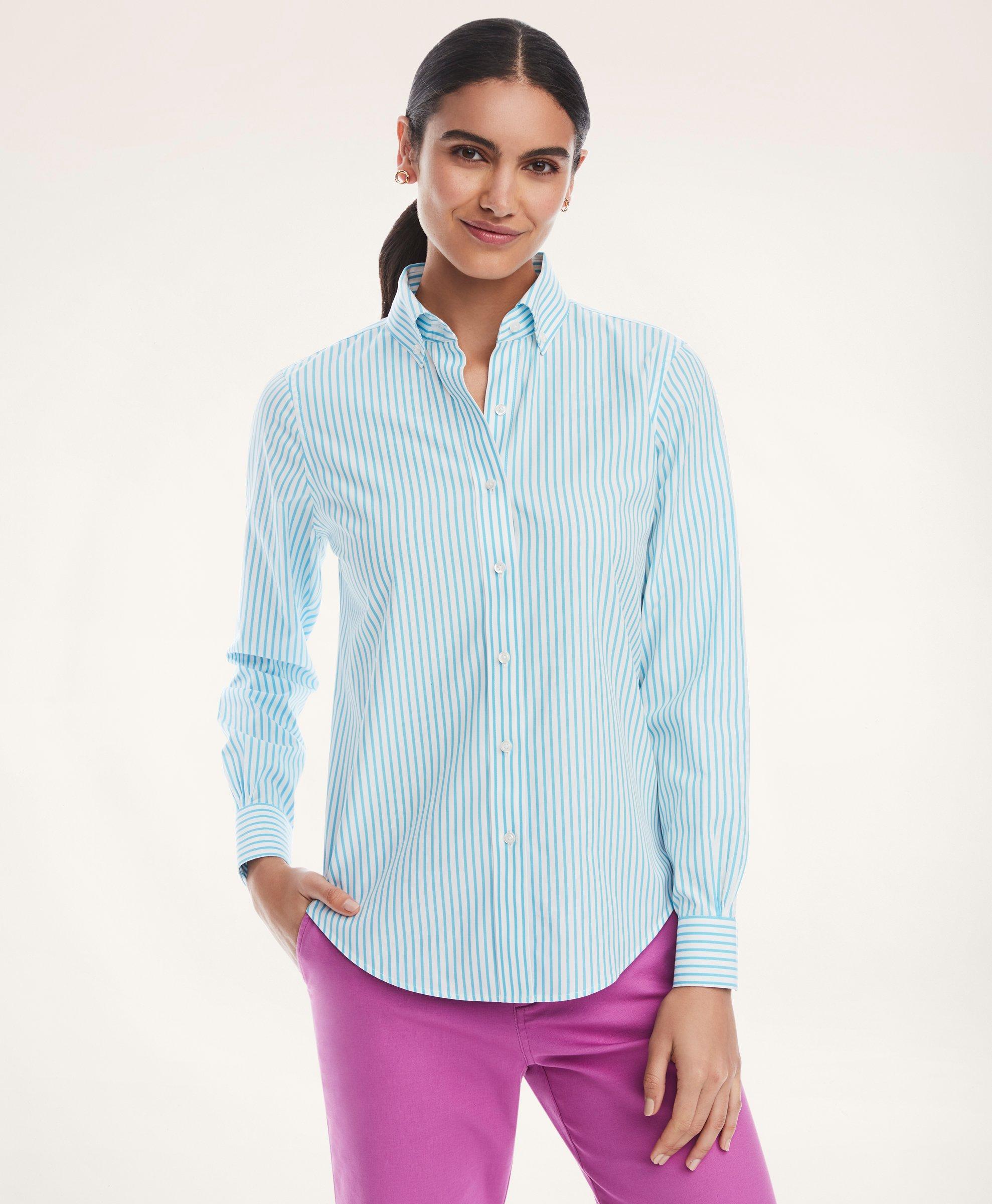Brooks Brothers Classic Fit Stretch Supima Cotton Non-iron Bengal Stripe Dress Shirt | Aqua | Size 16