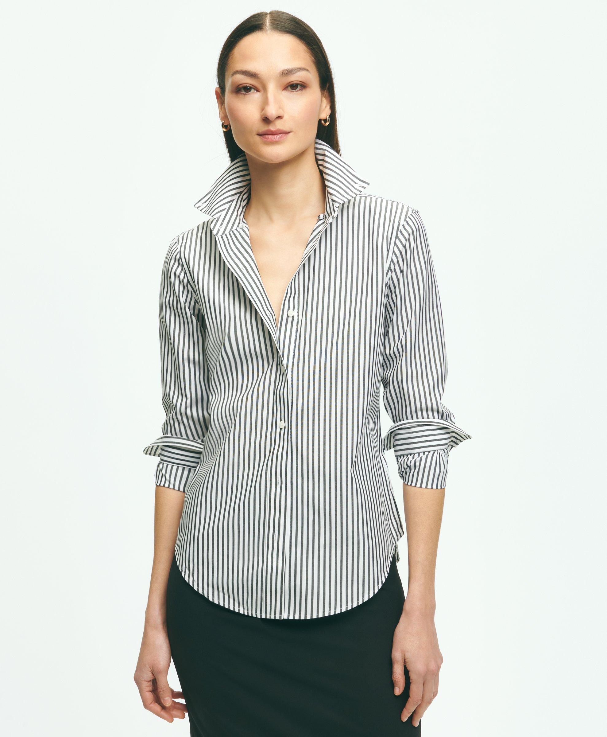 Brooks Brothers Classic Fit Stretch Supima Cotton Non-iron Bengal Stripe Dress Shirt | Black | Size 12