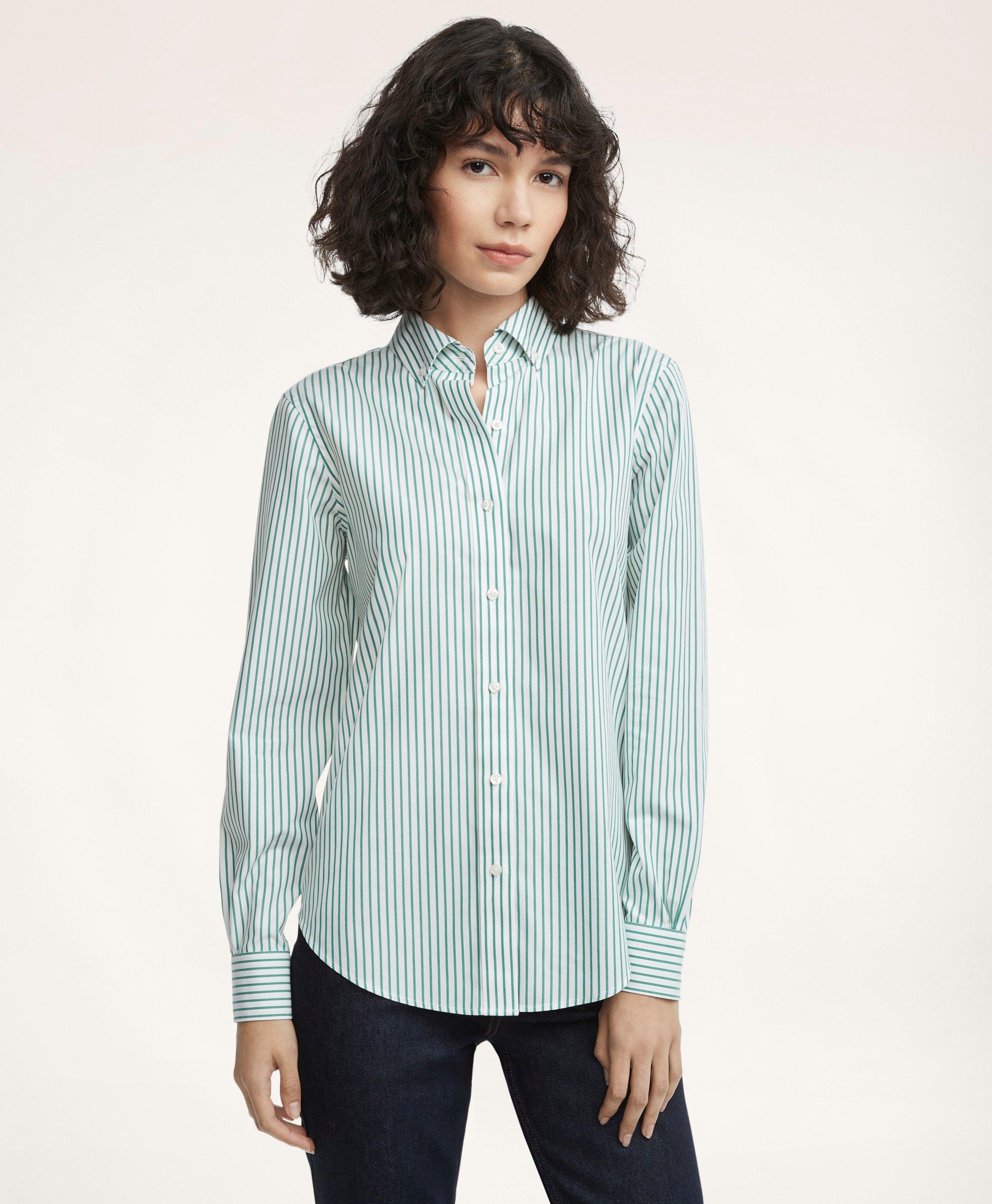 Brooks Brothers Classic Fit Stretch Supima Cotton Non-iron Bengal Stripe Dress Shirt | Green | Size 14