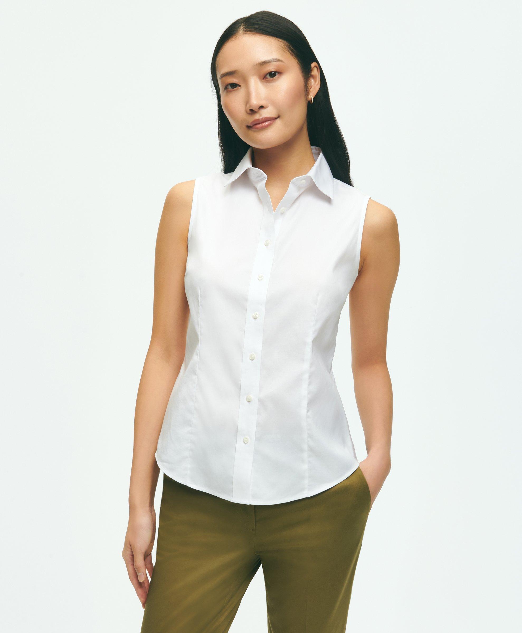 Brooks Brothers Fitted Non-iron Stretch Supima Cotton Sleeveless Dress Shirt | White | Size 2
