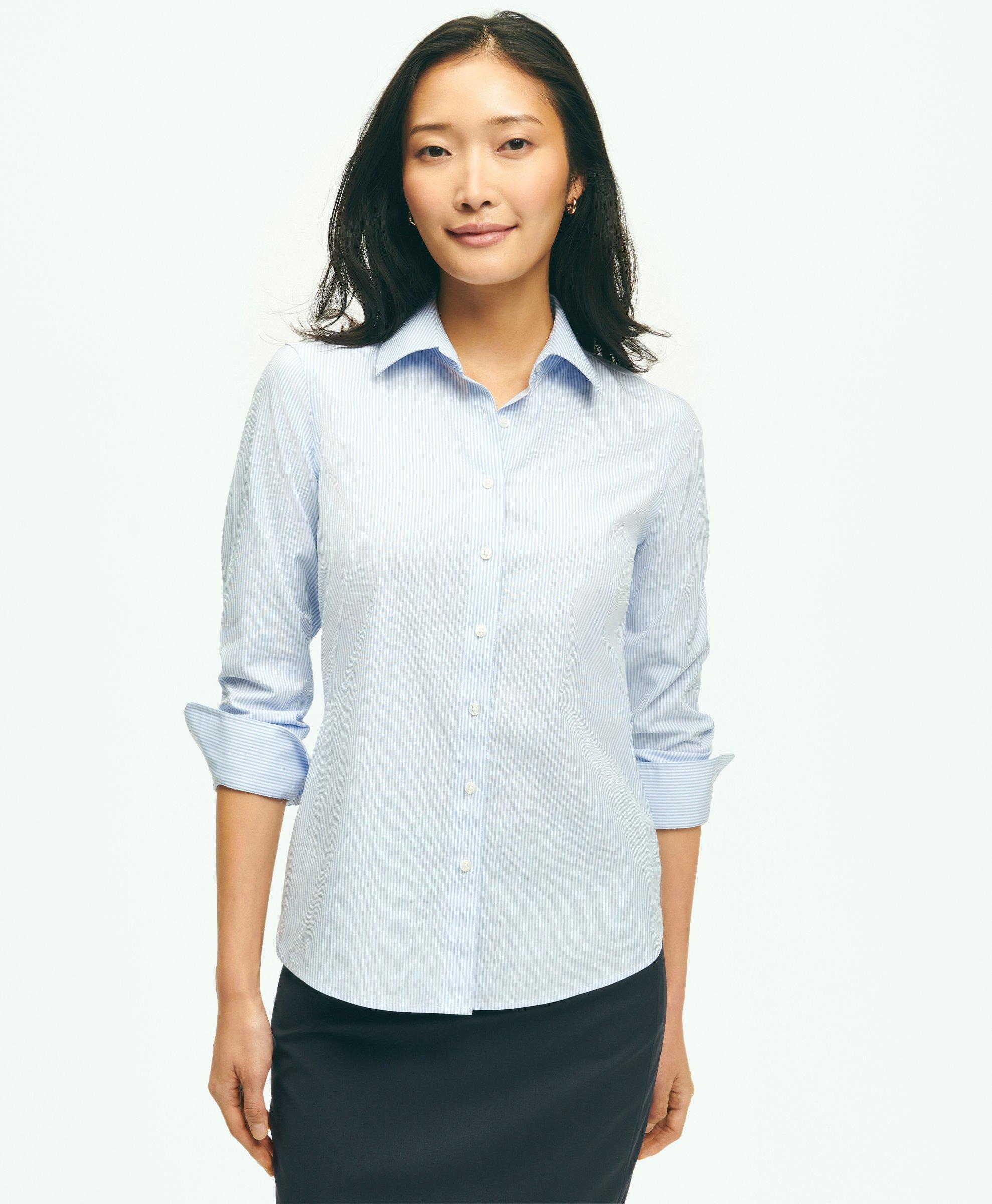 Brooks Brothers Fitted Stretch Supima Cotton Non-iron Mini Stripe Dress Shirt | Light Blue | Size 16