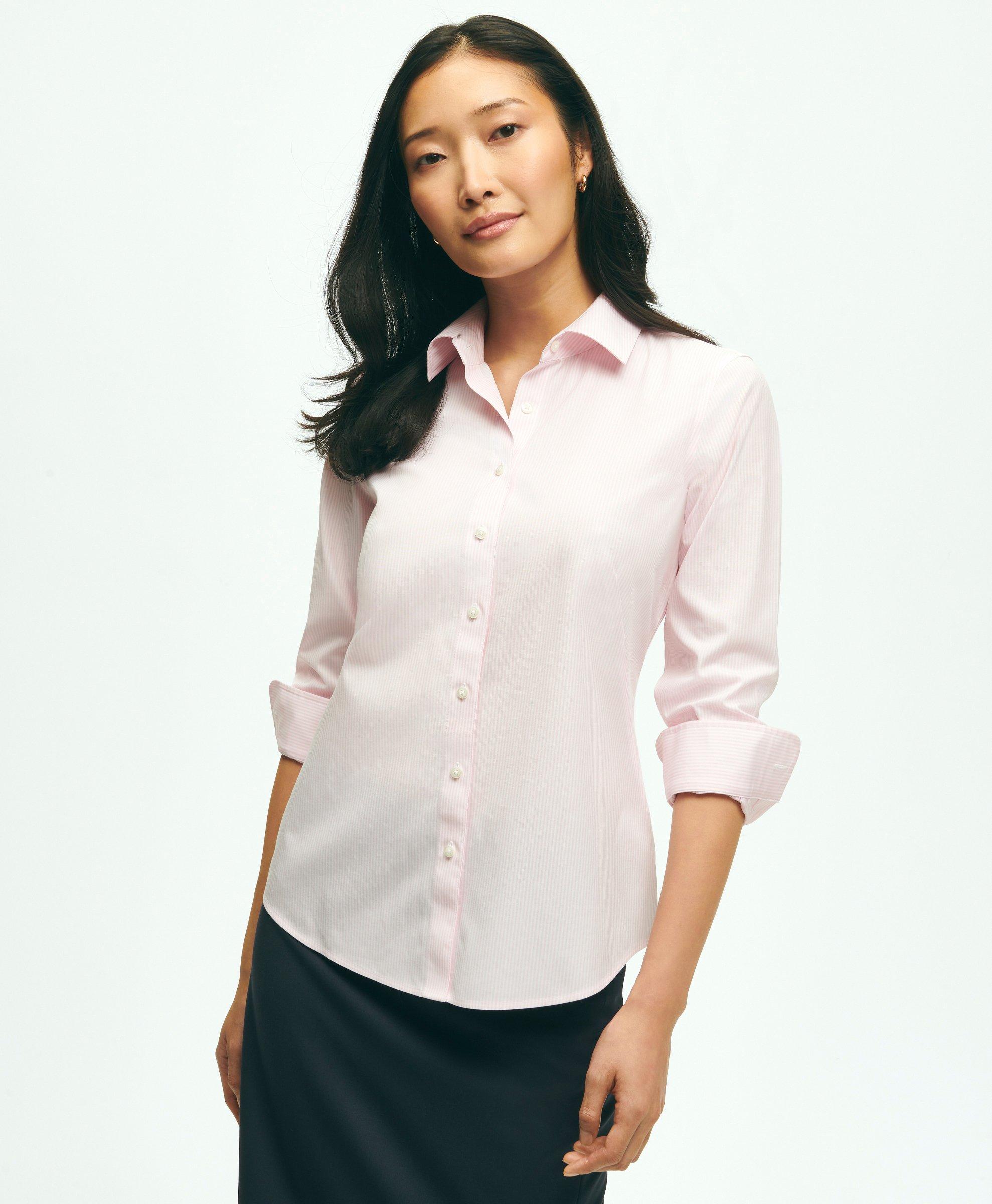 Brooks Brothers Fitted Stretch Supima Cotton Non-iron Mini Stripe Dress Shirt | Pink | Size 10