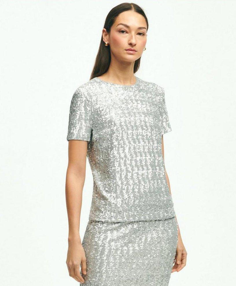 Brooks Brothers Knit Sequin Top In Silver