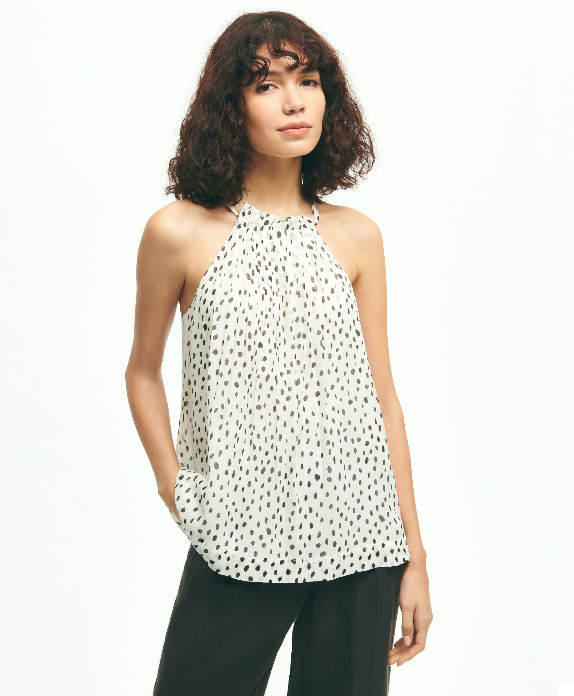 Shop Brooks Brothers Chiffon Dot Print Pleated Halter Top | White | Size 16