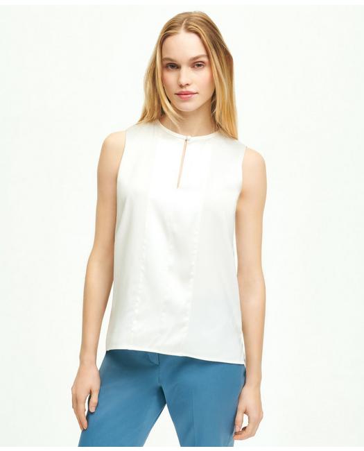 Brooks Brothers Stretch Silk Sleeveless Contrast Blouse | White | Size 8