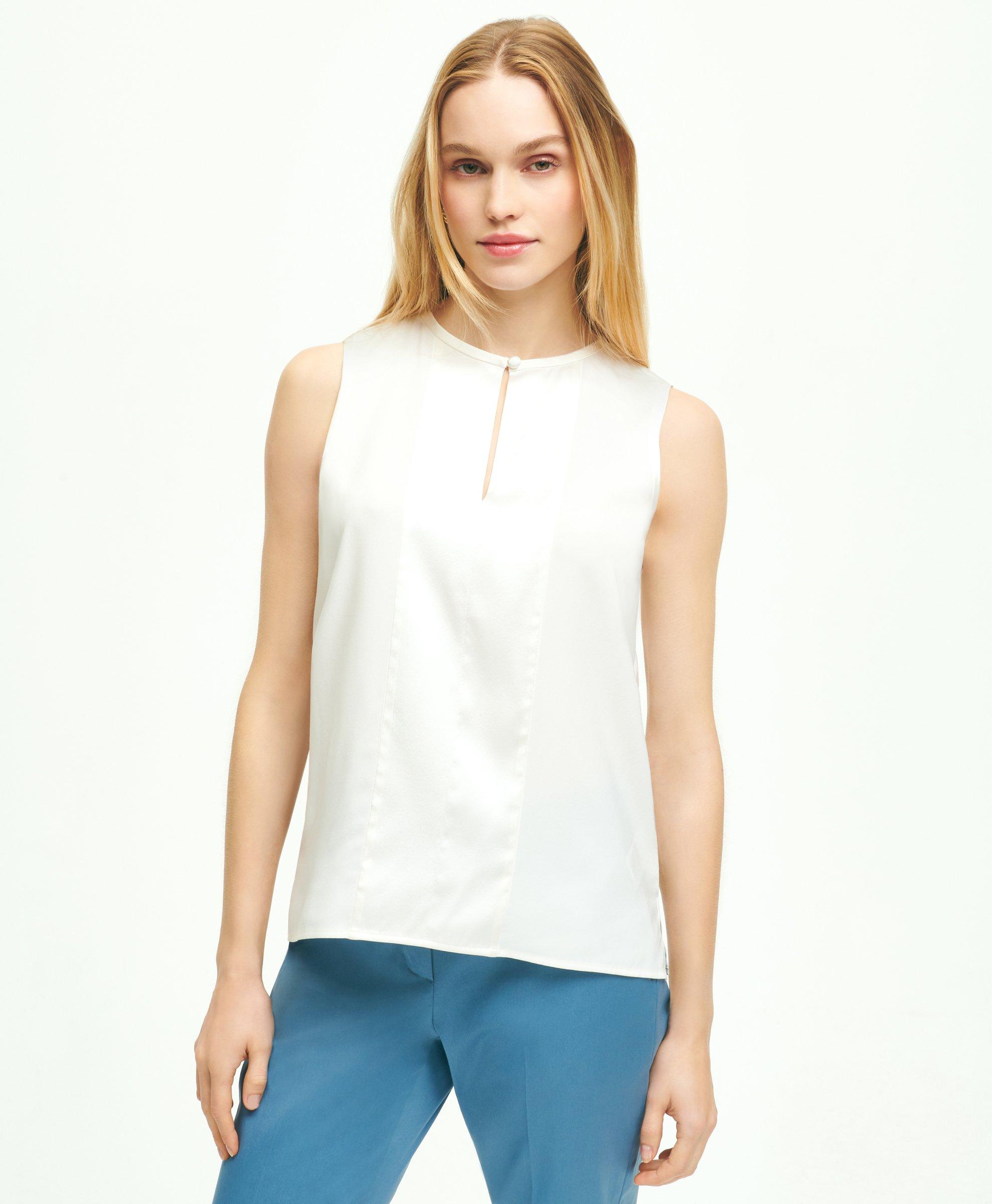 Brooks Brothers Stretch Silk Sleeveless Contrast Blouse | White | Size 8