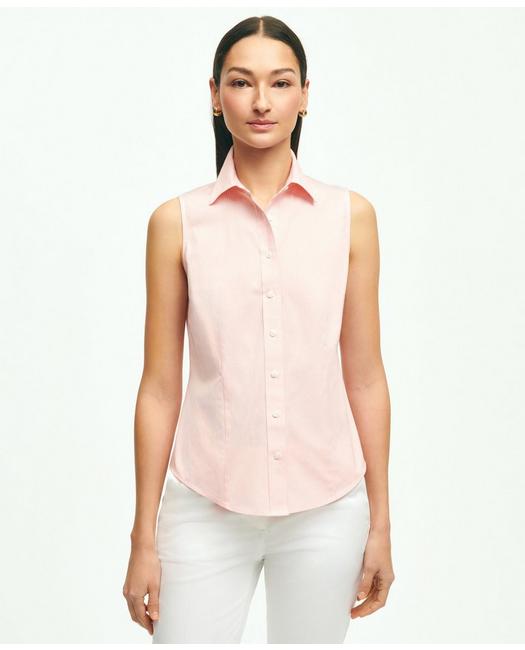 Brooks Brothers Fitted Supima Cotton Non-iron Sleeveless Gingham Shirt | Peach | Size 10