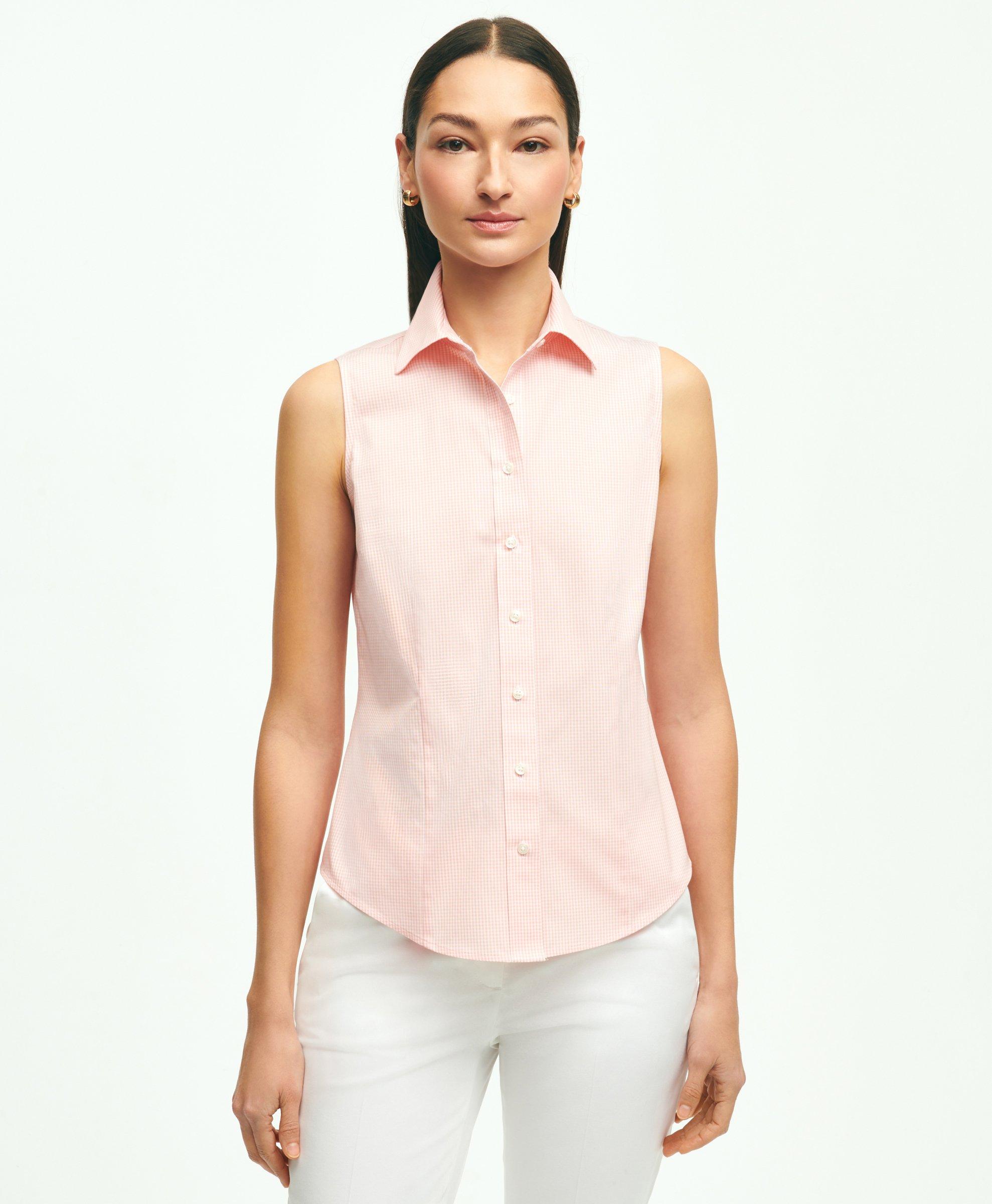 Brooks Brothers Fitted Supima Cotton Non-iron Sleeveless Gingham Shirt | Peach | Size 16