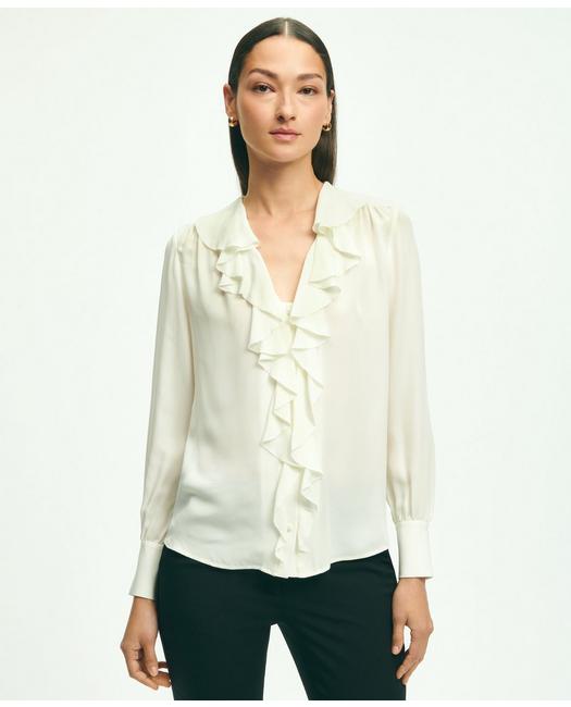 Brooks Brothers Silk Georgette Ruffled Blouse | White | Size 8