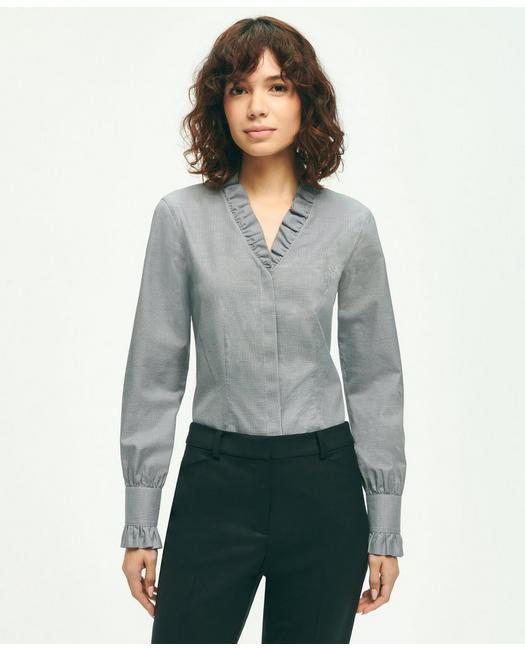 Brooks Brothers Fitted Stretch Supima Cotton Non-iron Ruffle Dress Shirt | Black | Size 2