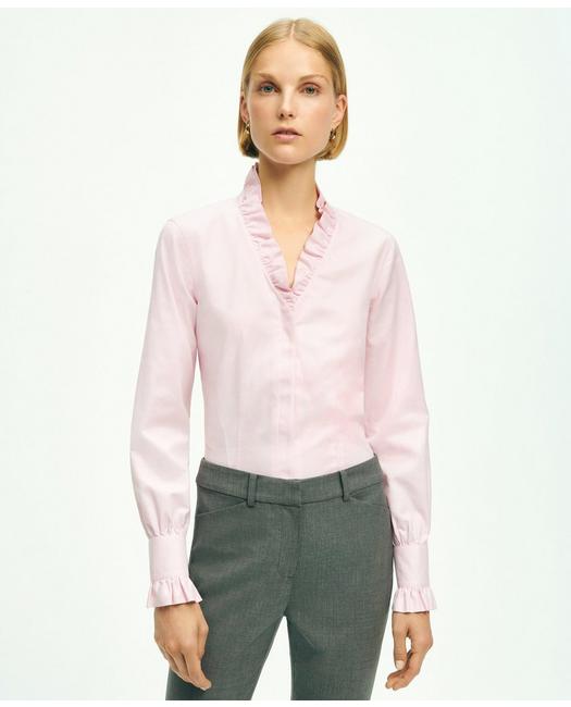 Brooks Brothers Fitted Stretch Supima Cotton Non-iron Ruffle Dress Shirt | Pink | Size 8