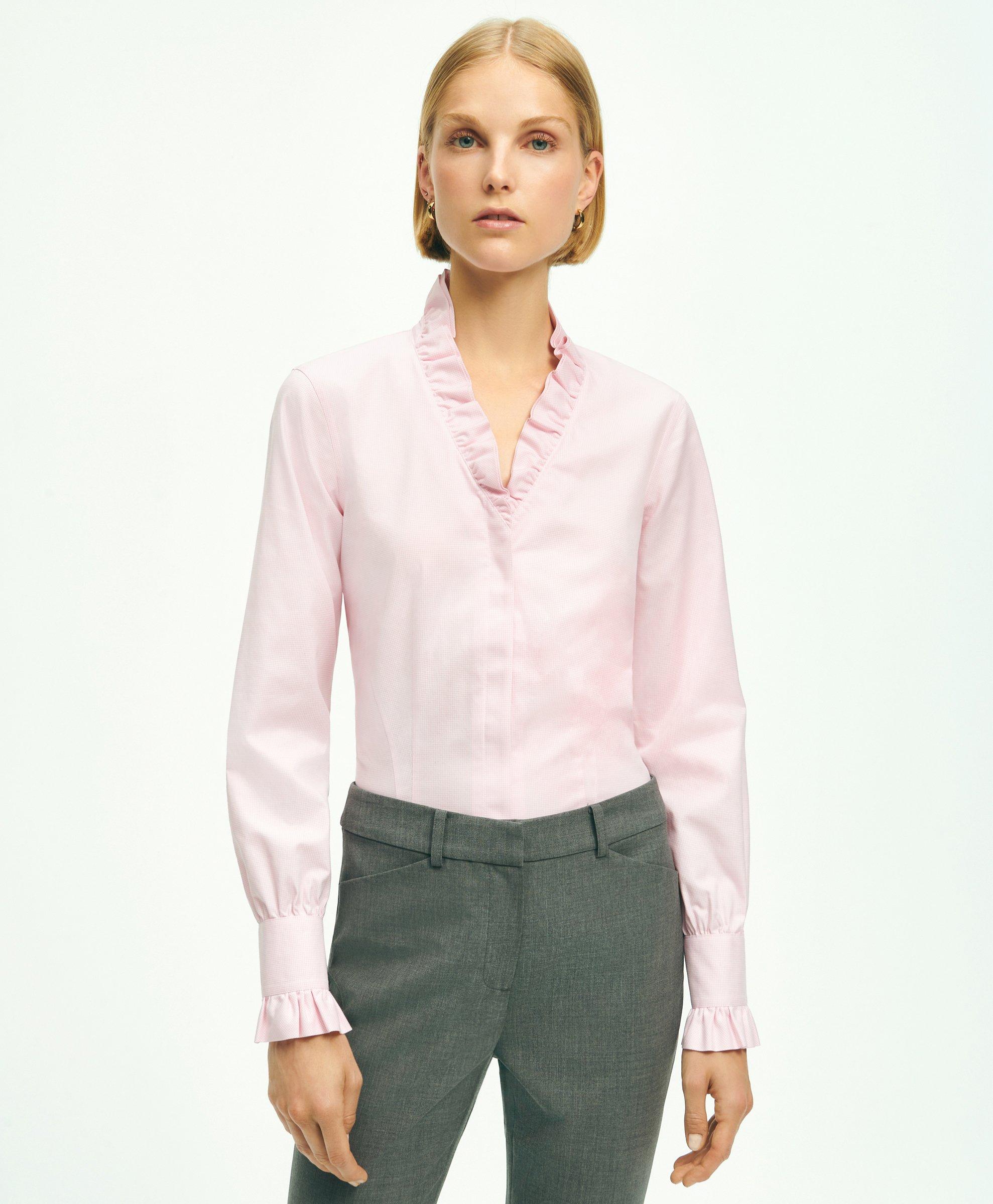 Brooks Brothers Fitted Stretch Supima Cotton Non-iron Ruffle Dress Shirt | Pink | Size 6