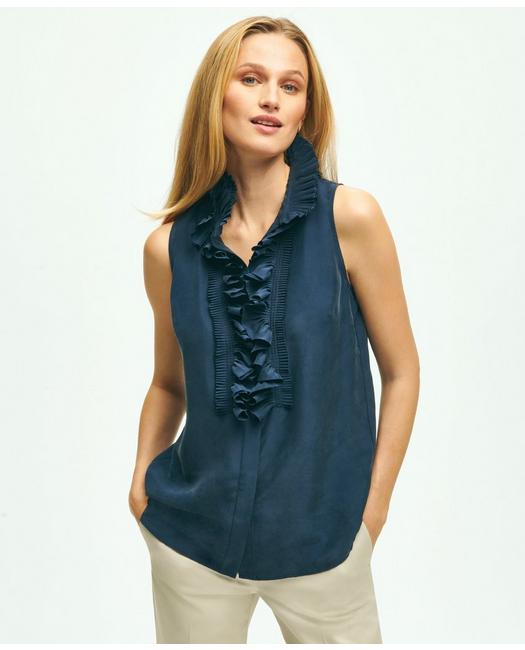 Brooks Brothers Silk Ruffle Collar Sleeveless Blouse | Navy | Size 16