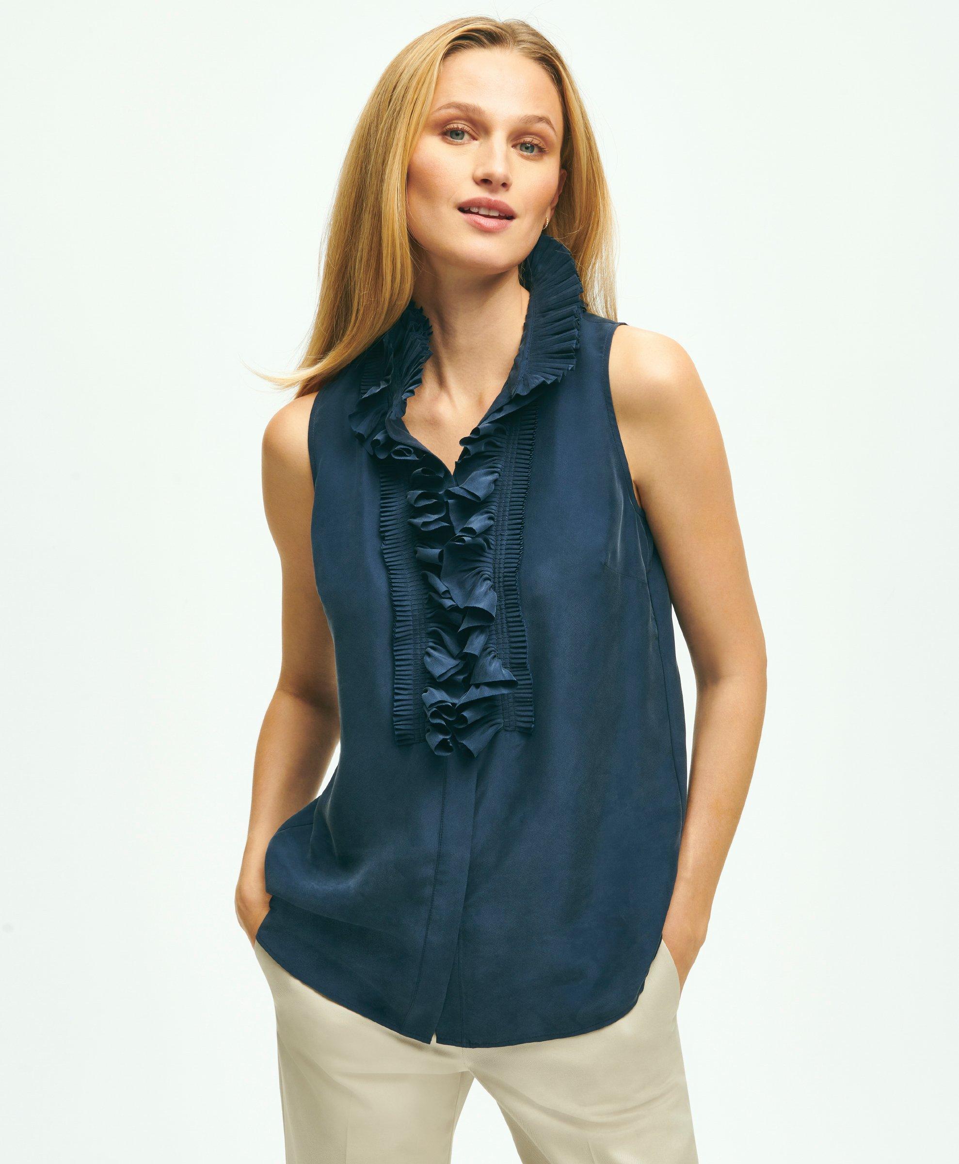Brooks Brothers Silk Ruffle Collar Sleeveless Blouse | Navy | Size 12