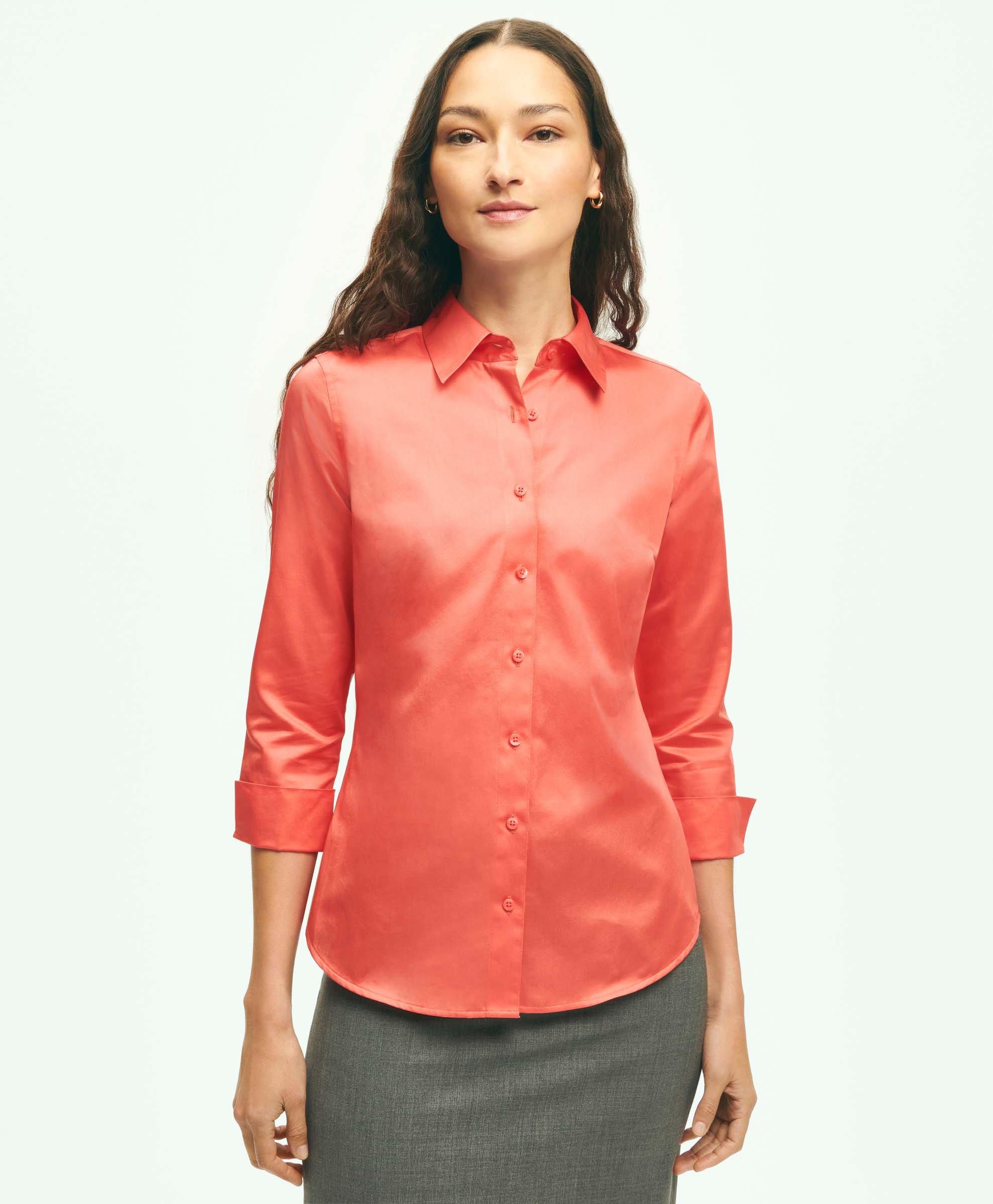 Brooks Brothers Fitted Stretch Cotton Sateen Three-quarter Sleeve Blouse | Coral | Size 10
