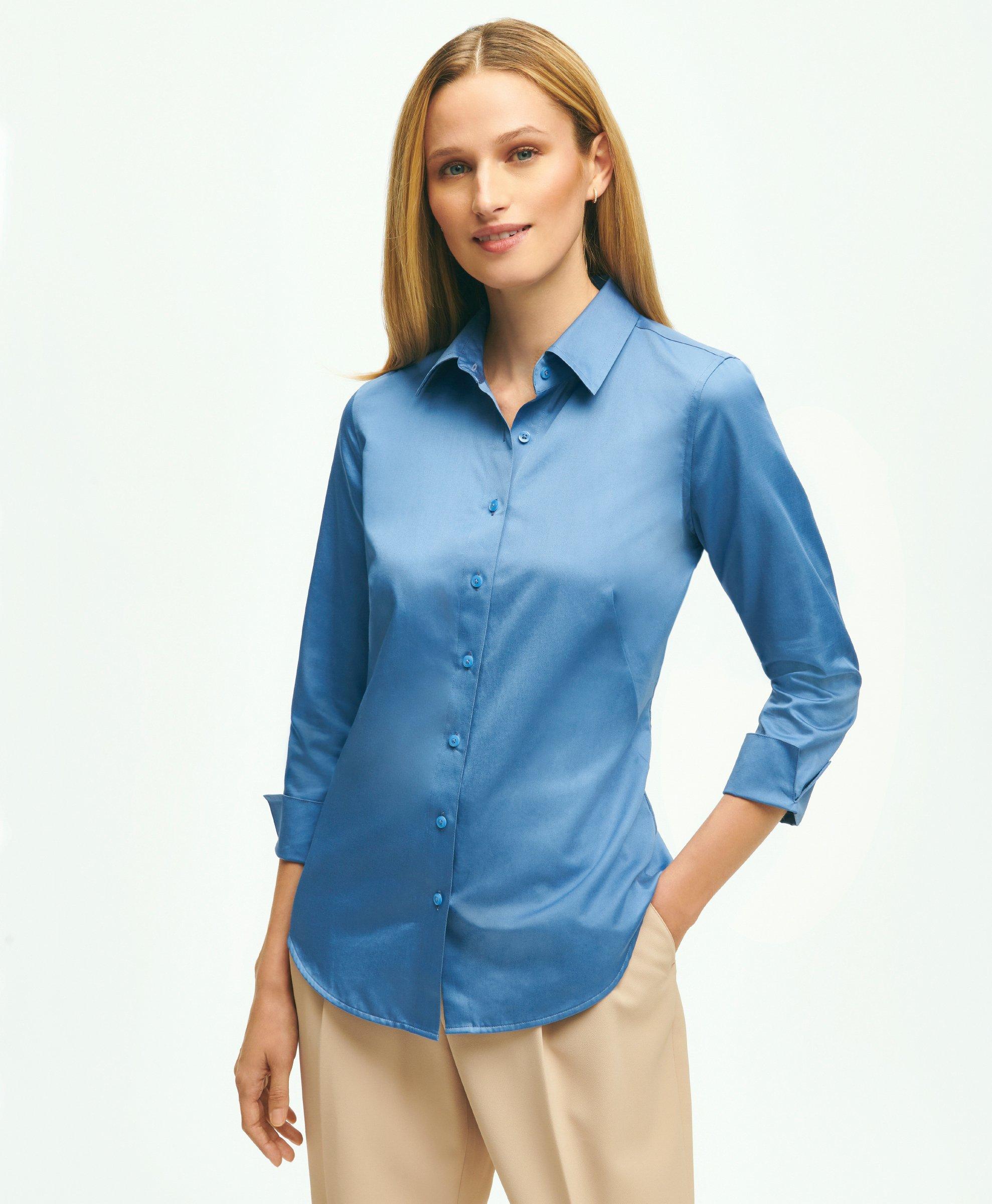 Brooks Brothers Fitted Stretch Cotton Sateen Three-quarter Sleeve Blouse | Dark Chambray | Size 6