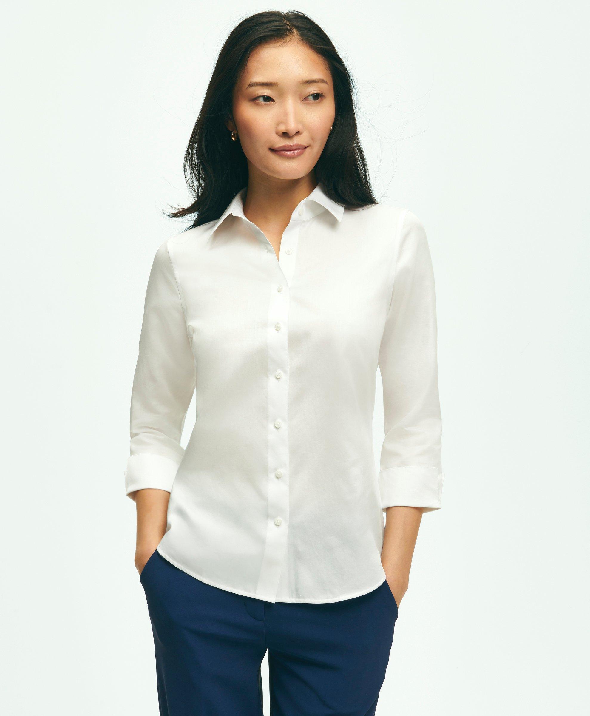Brooks Brothers Fitted Stretch Cotton Sateen Three-quarter Sleeve Blouse | White | Size 12