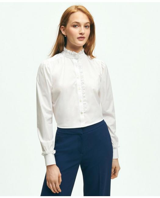 Brooks Brothers Stretch Supima Cotton Non-iron Ruffle Collar Shirt | White | Size 10