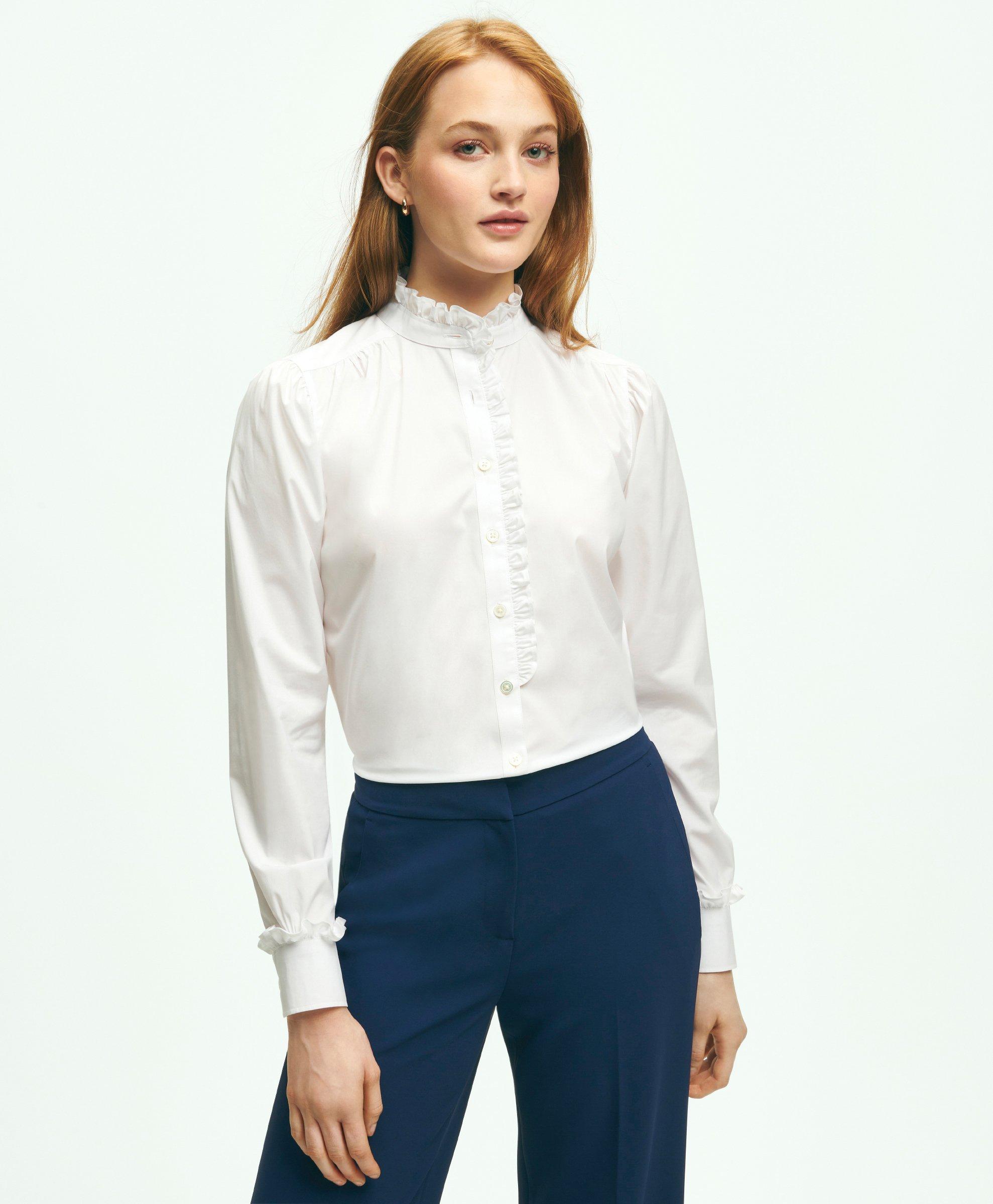 Brooks Brothers Stretch Supima Cotton Non-iron Ruffle Collar Shirt | White | Size 14