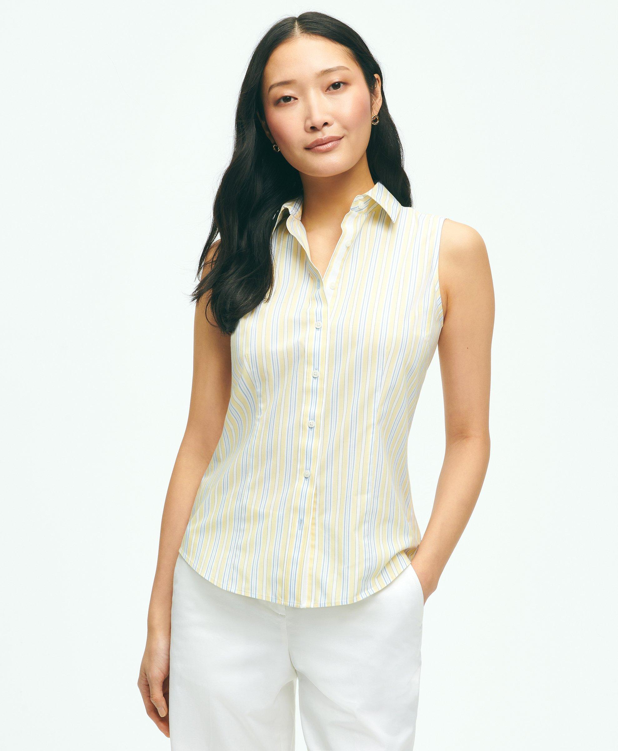 Shop Brooks Brothers Fitted Supima Stretch Cotton Non-iron Sleeveless Stripe Shirt | Yellow | Size 16