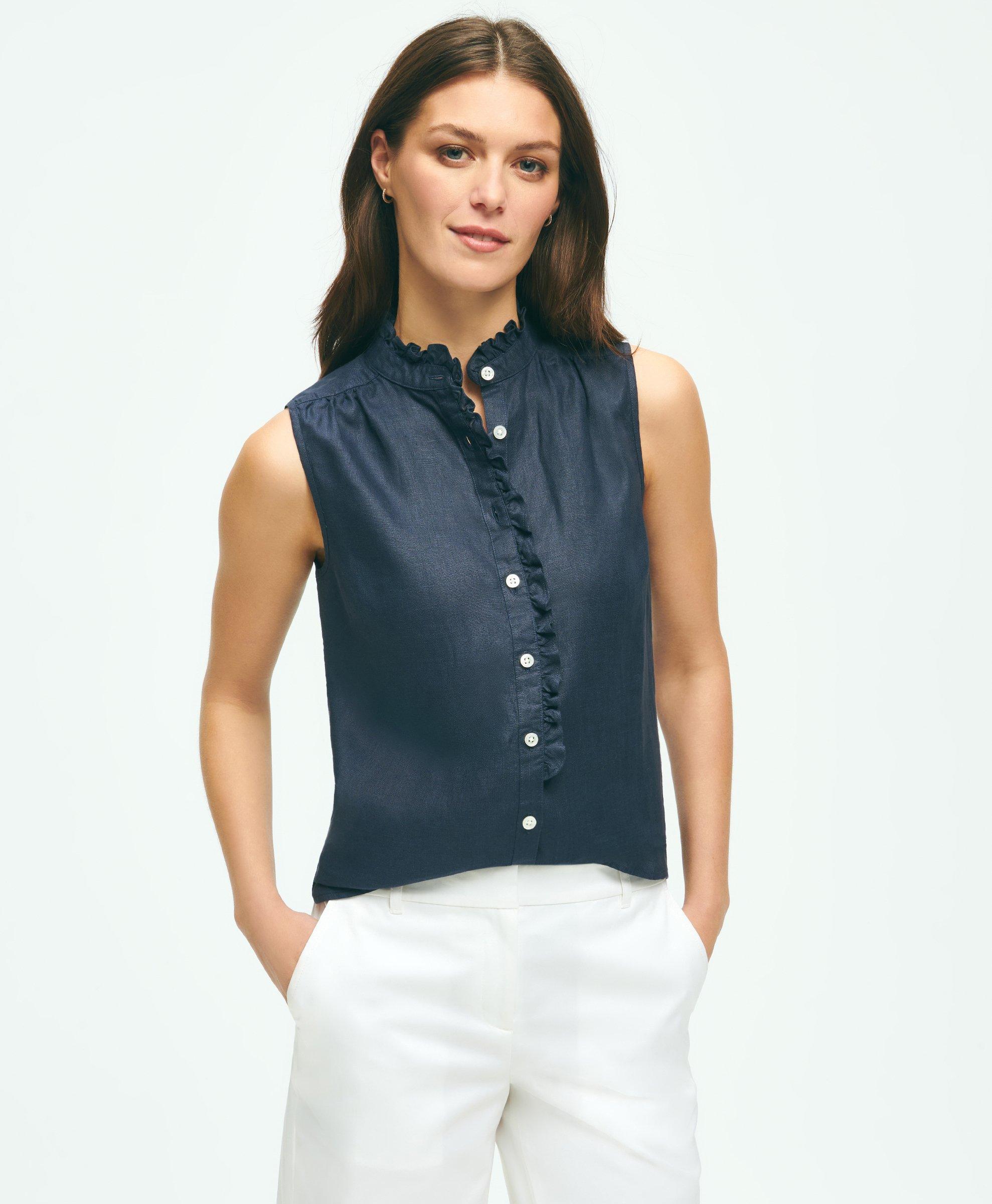 Shop Brooks Brothers Sleeveless Ruffle Detail Shirt In Linen | Navy | Size 16