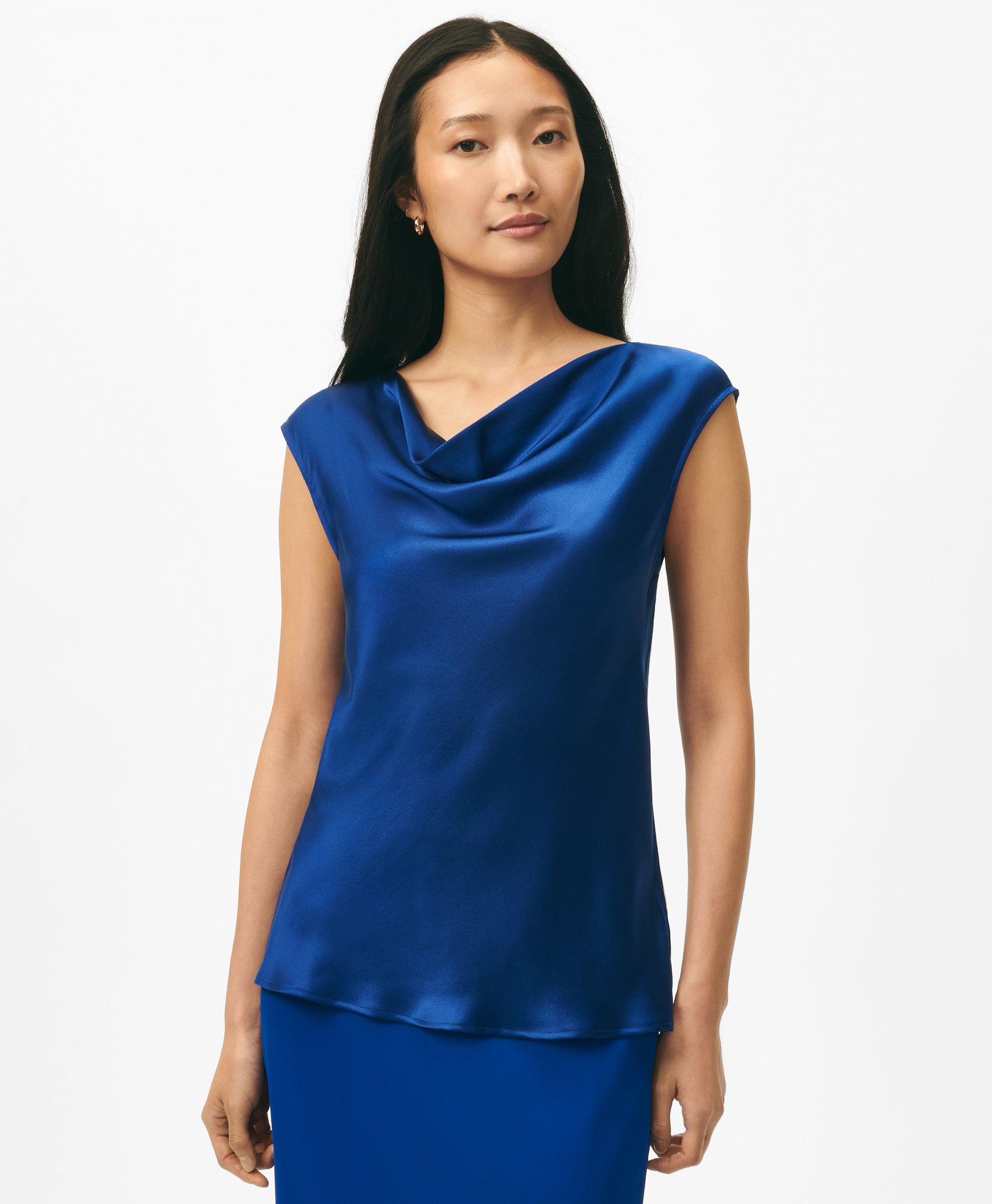 Brooks Brothers Cowl Neck Blouse In Washable Silk Charmeuse In Medium Navy