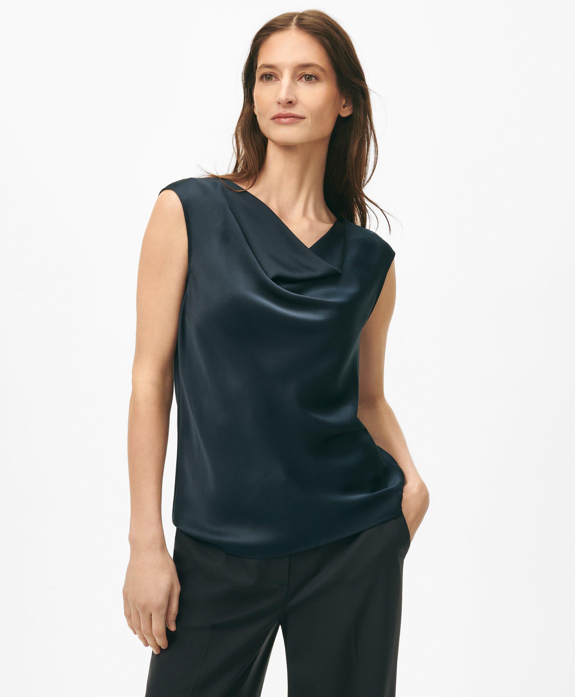 Brooks Brothers Cowl Neck Blouse In Washable Silk Charmeuse In Navy
