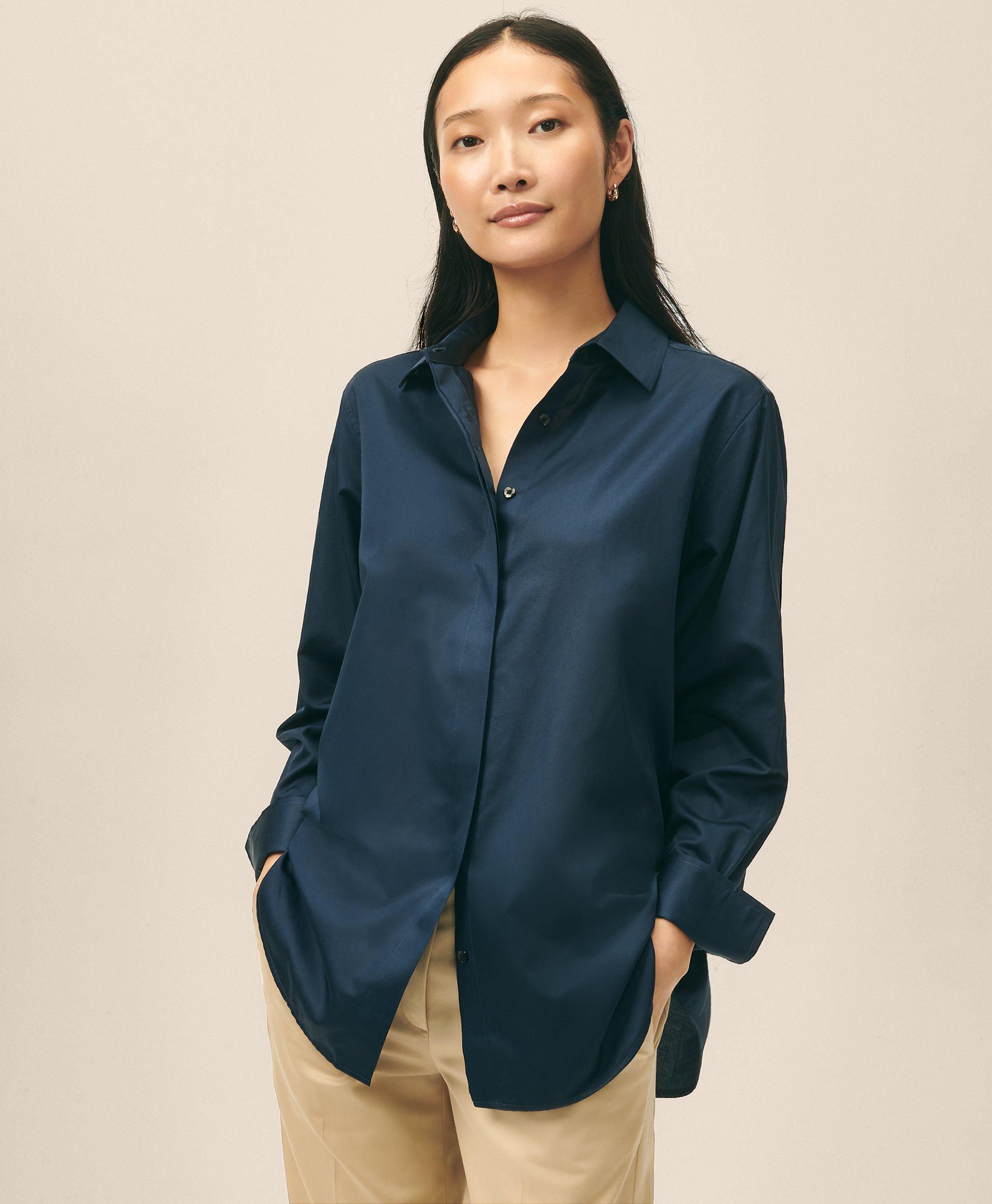 Brooks Brothers Fitted Stretch Cotton Sateen Three-quarter Sleeve Blouse | Navy | Size 4 In Navy