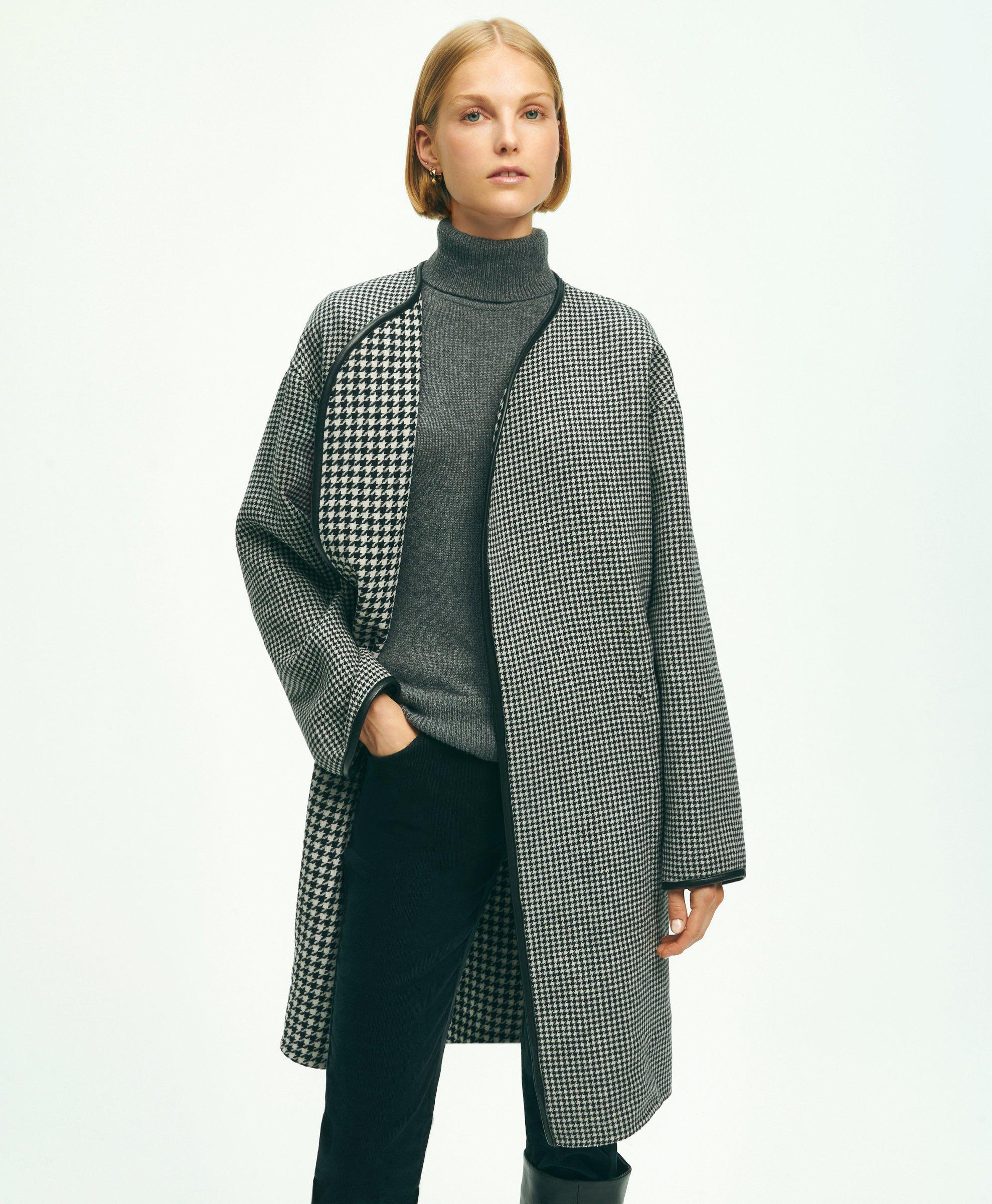 Brooks Brothers Reversible Wool Houndstooth Open Front Coat In Black