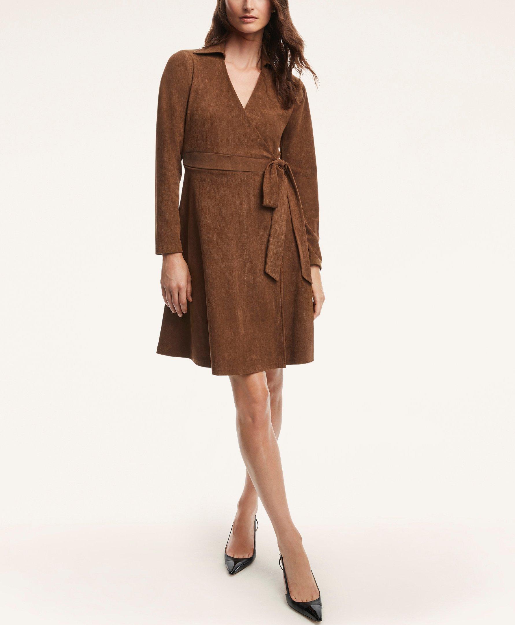 Brooks Brothers Faux Suede Herringbone Wrap Dress | Brown | Size Xs In Brown
