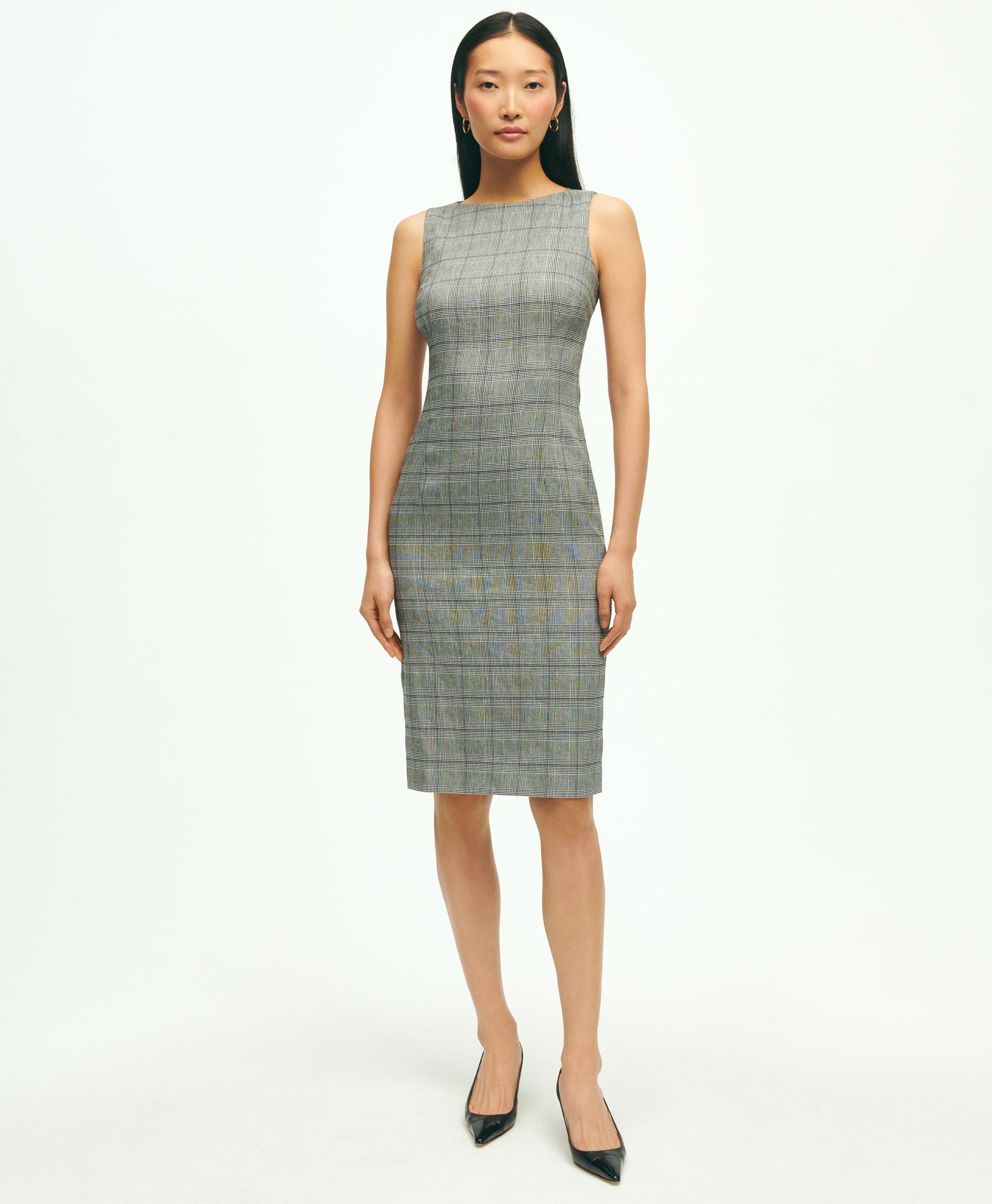 Brooks Brothers Linen Blend Glen Plaid Sheath Dress | Light Grey | Size 10