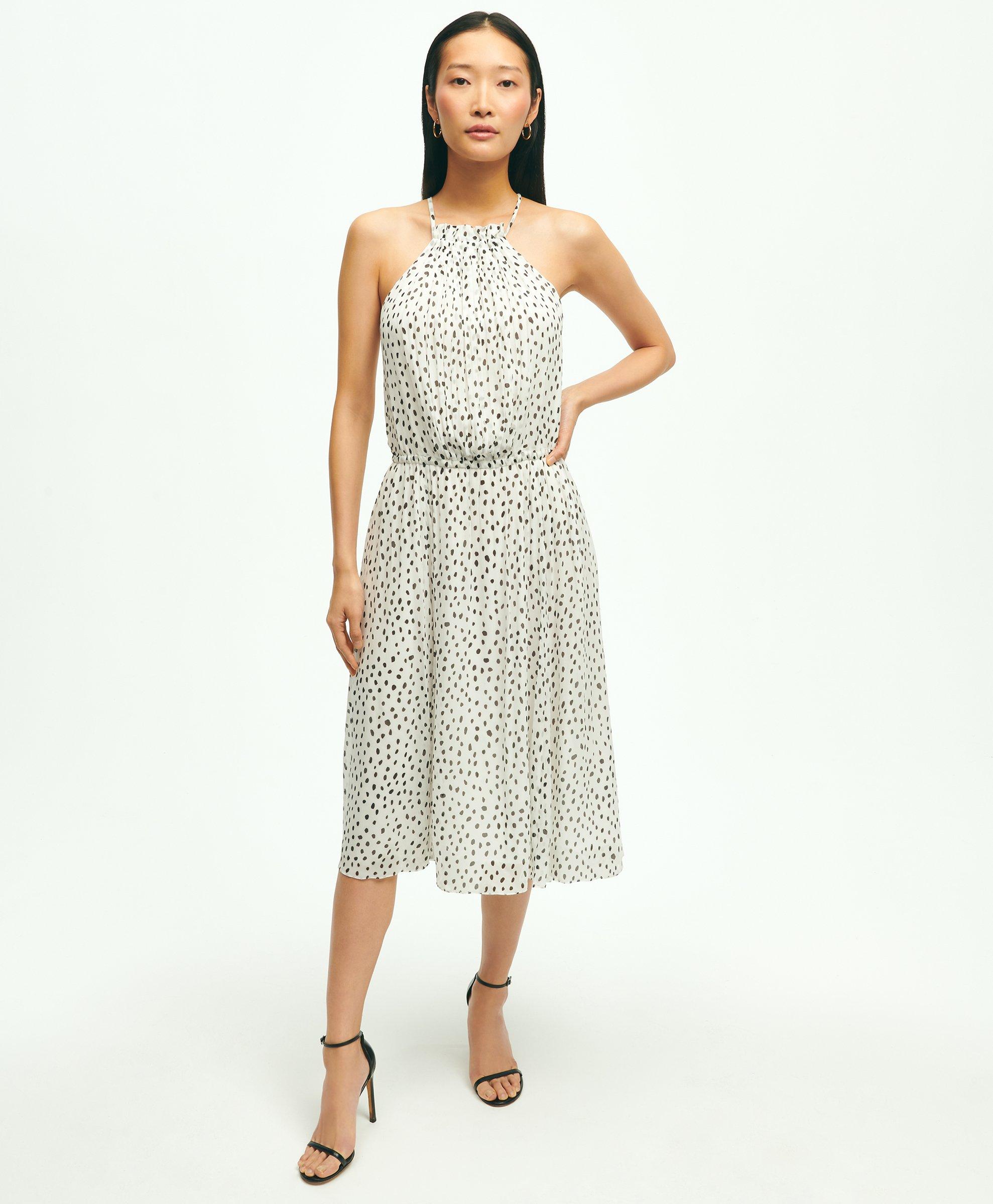 Brooks Brothers Chiffon Dot Print Pleated Halter Dress | White | Size 14