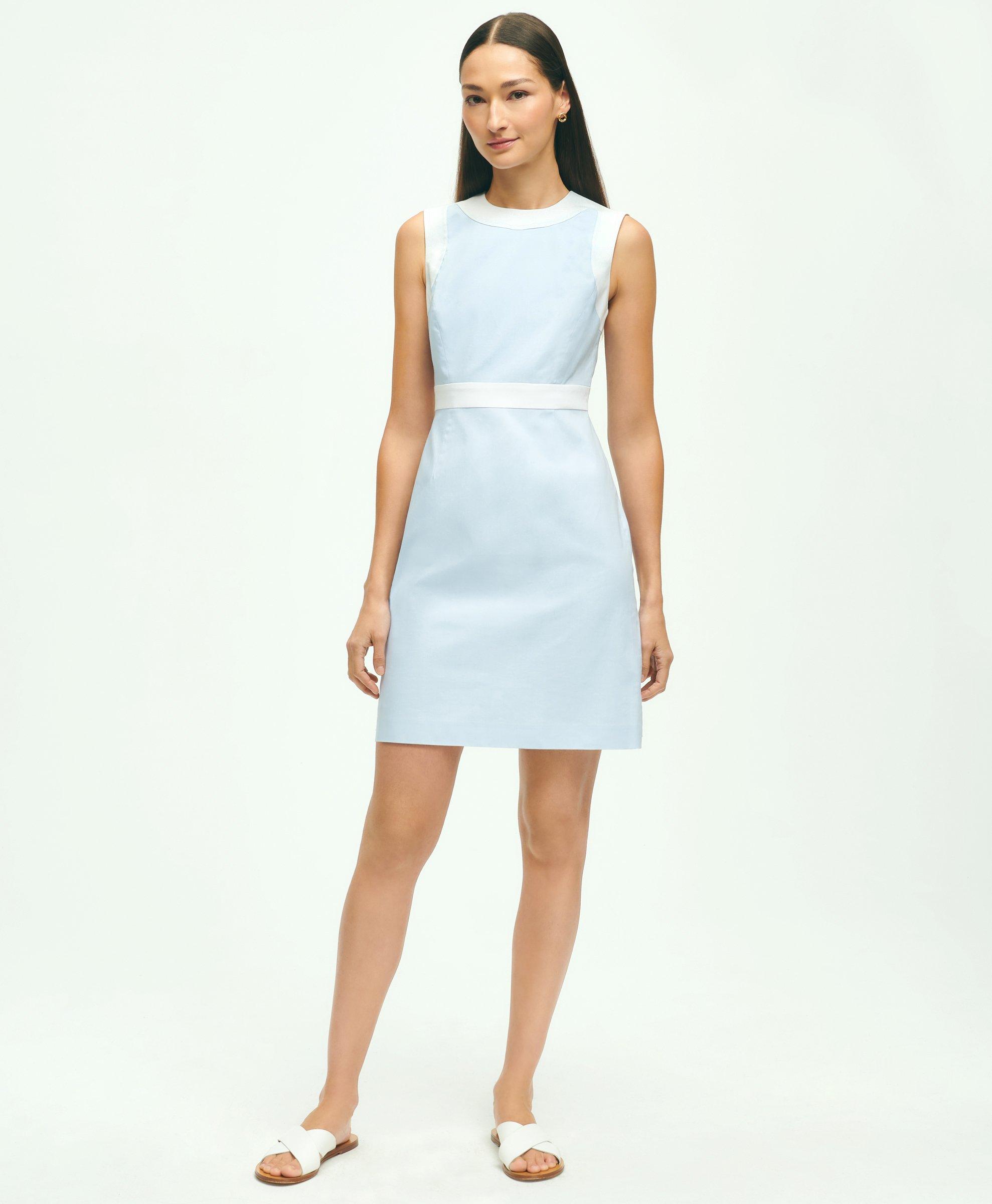 Brooks Brothers Stretch Cotton Pinpoint Oxford Colorblock Dress | Blue/white | Size 14 In Blue,white