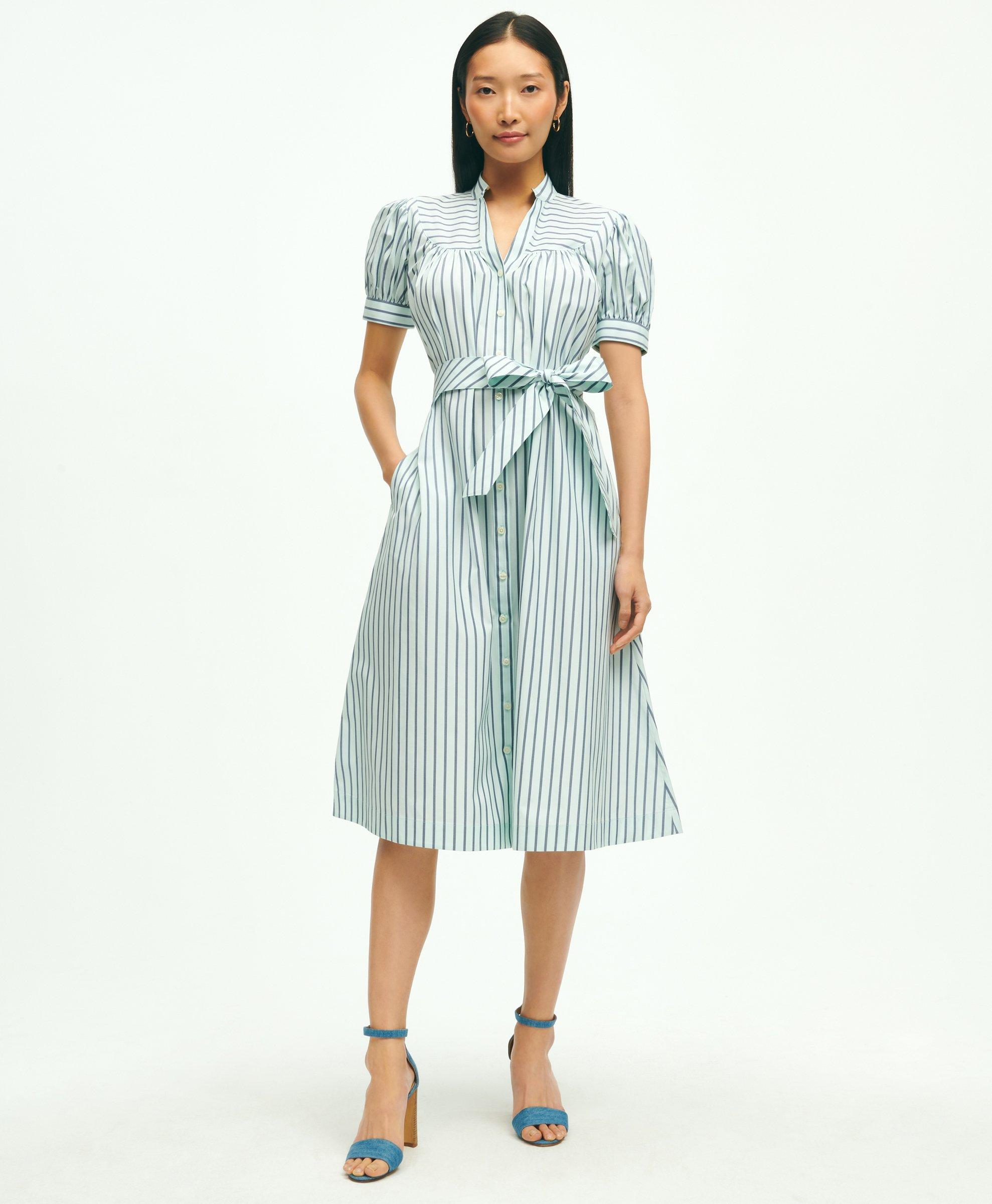 Brooks Brothers Supima Cotton Fit & Flare Stripe Shirt Dress | Aqua | Size 8